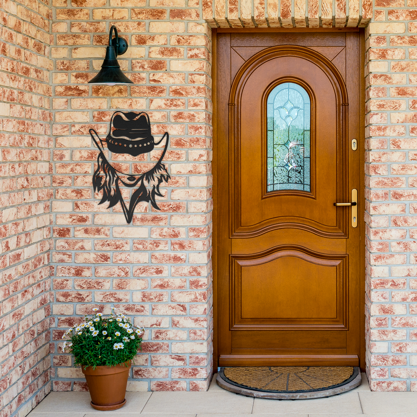CowGirl_Metal_Sign_Western_Themed_Metal_Black_Brick_Entrance_Mockup.png