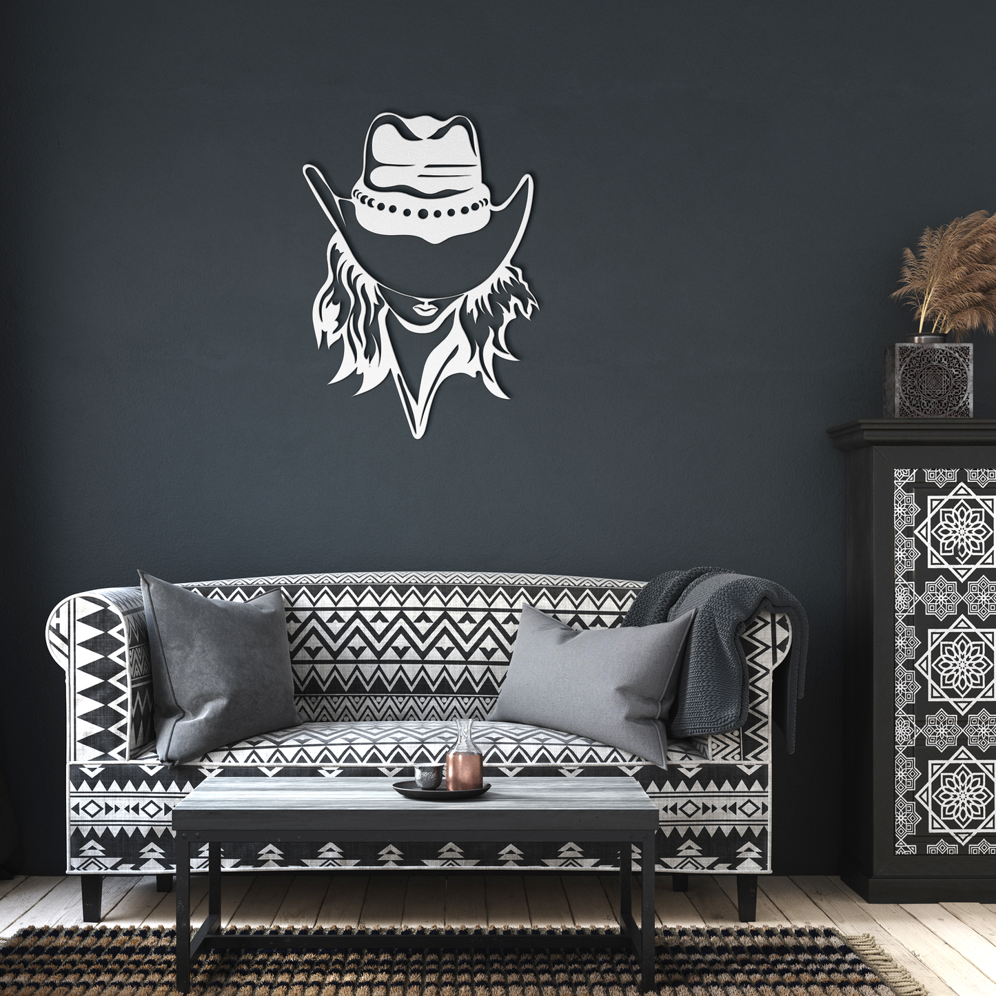 CowGirl_Metal_Sign_Western_Themed_Metal_White_Dark_Living_Room_Mockup.png