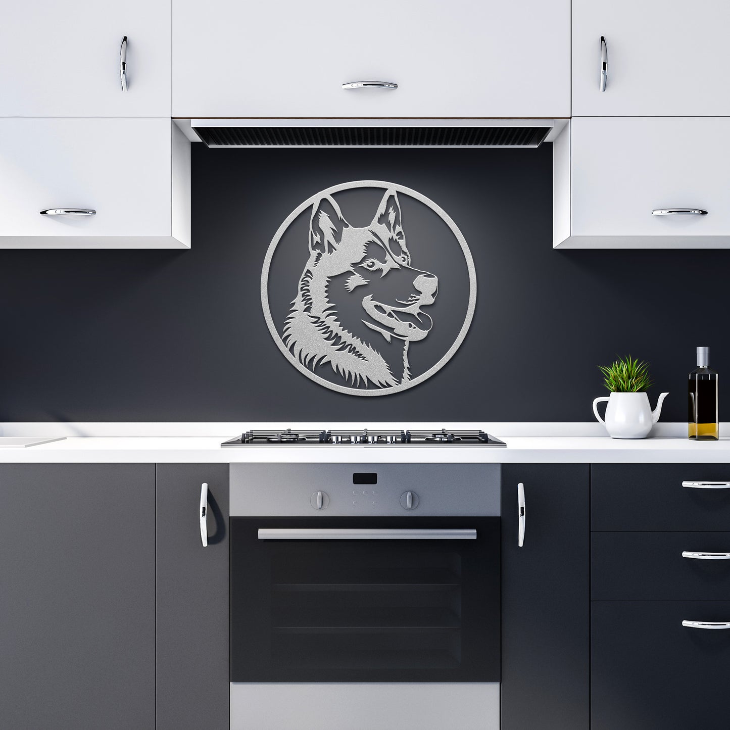 Cute Siberian Husky Dog Pet Portrait Metal Sign, Husky Silhouette Round Metal Sign, Custom Text Or Address, Pet Owner Gift, Dog Metal Wall Art