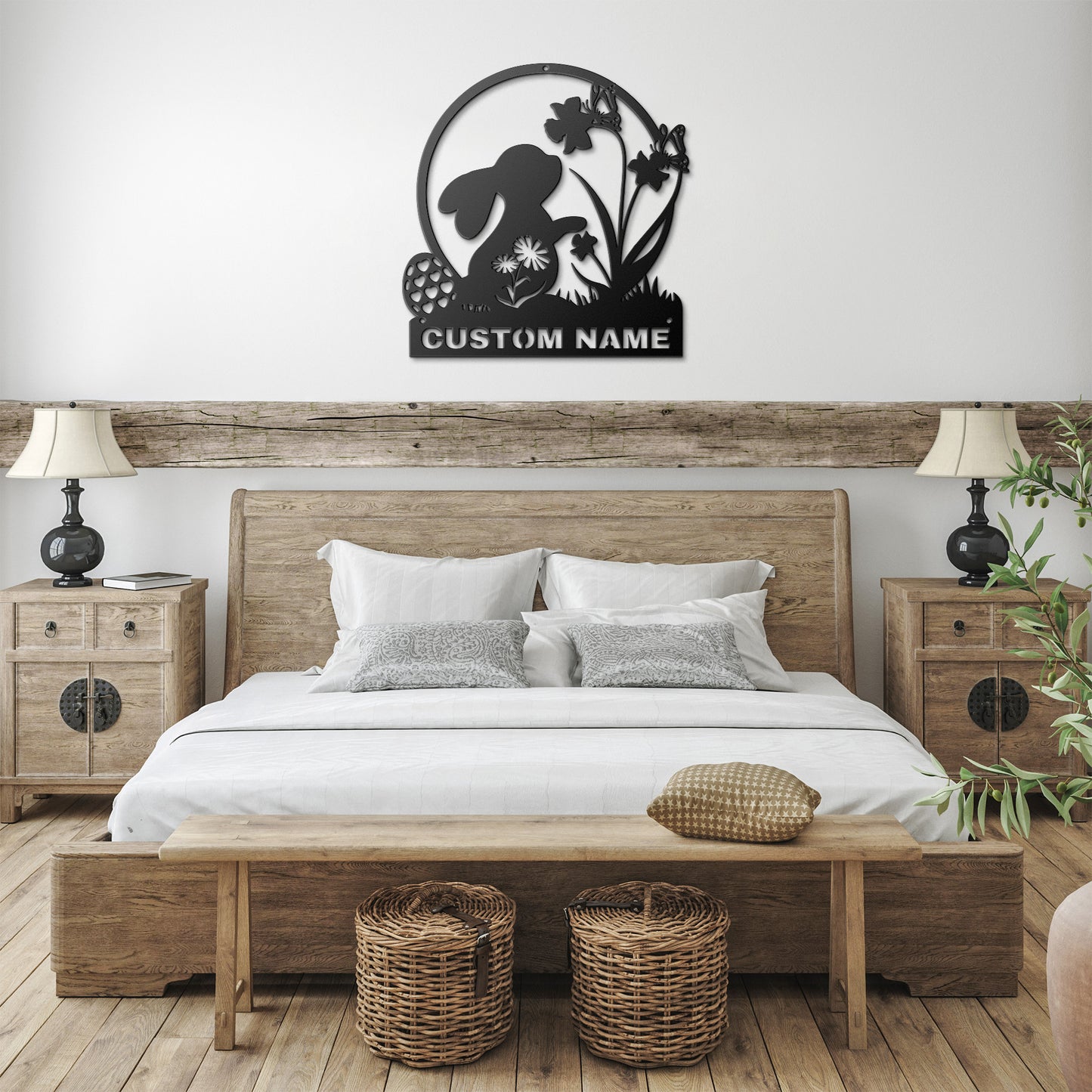 Personalized Easter Bunny Metal Sign, Easter Bunny Sign With Flowers, Rabbit Sign Decoration For Room,