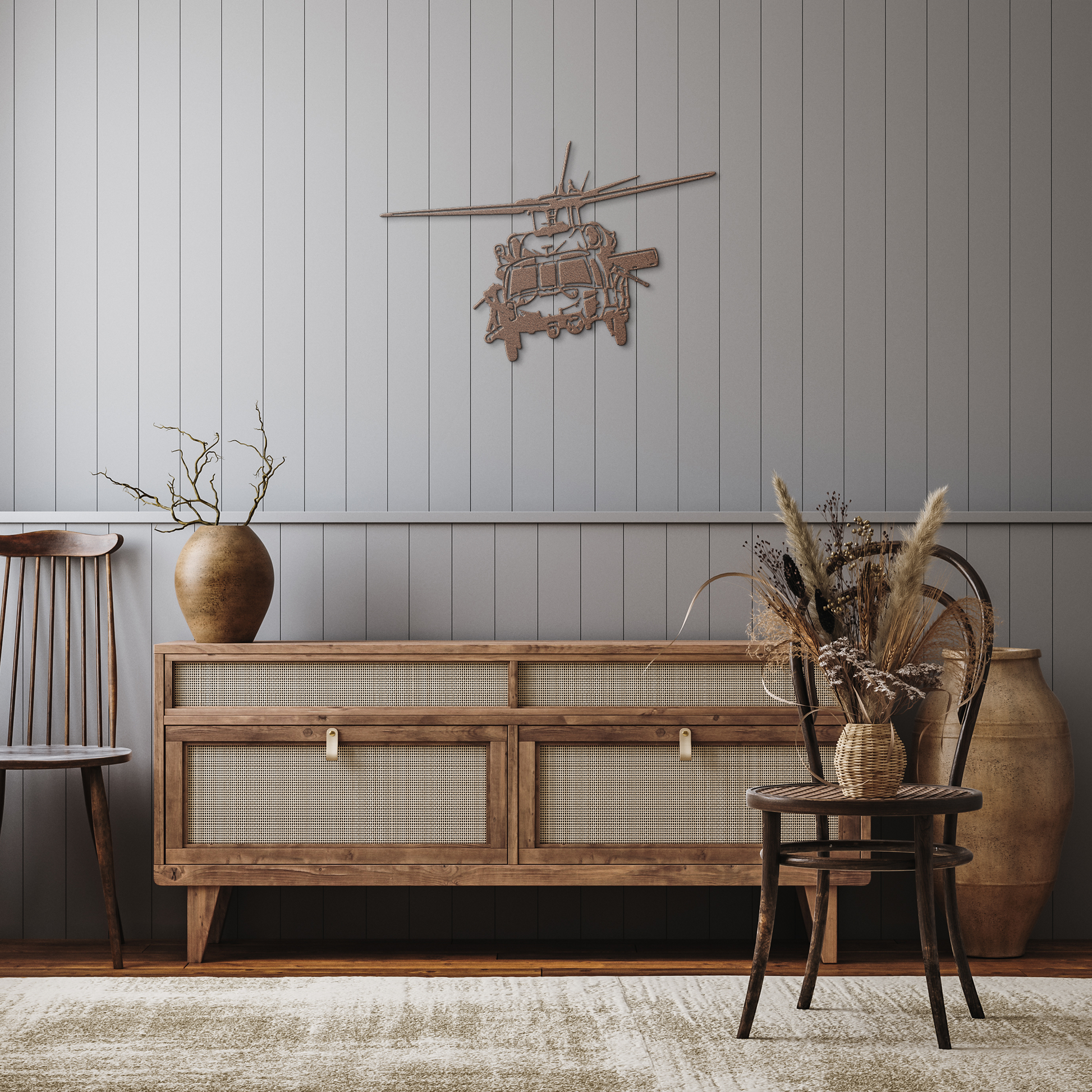 Attack_Helicopter_Metal_Wall_Art_Decor__Copper_Rustic_Hallway_Mockup.png