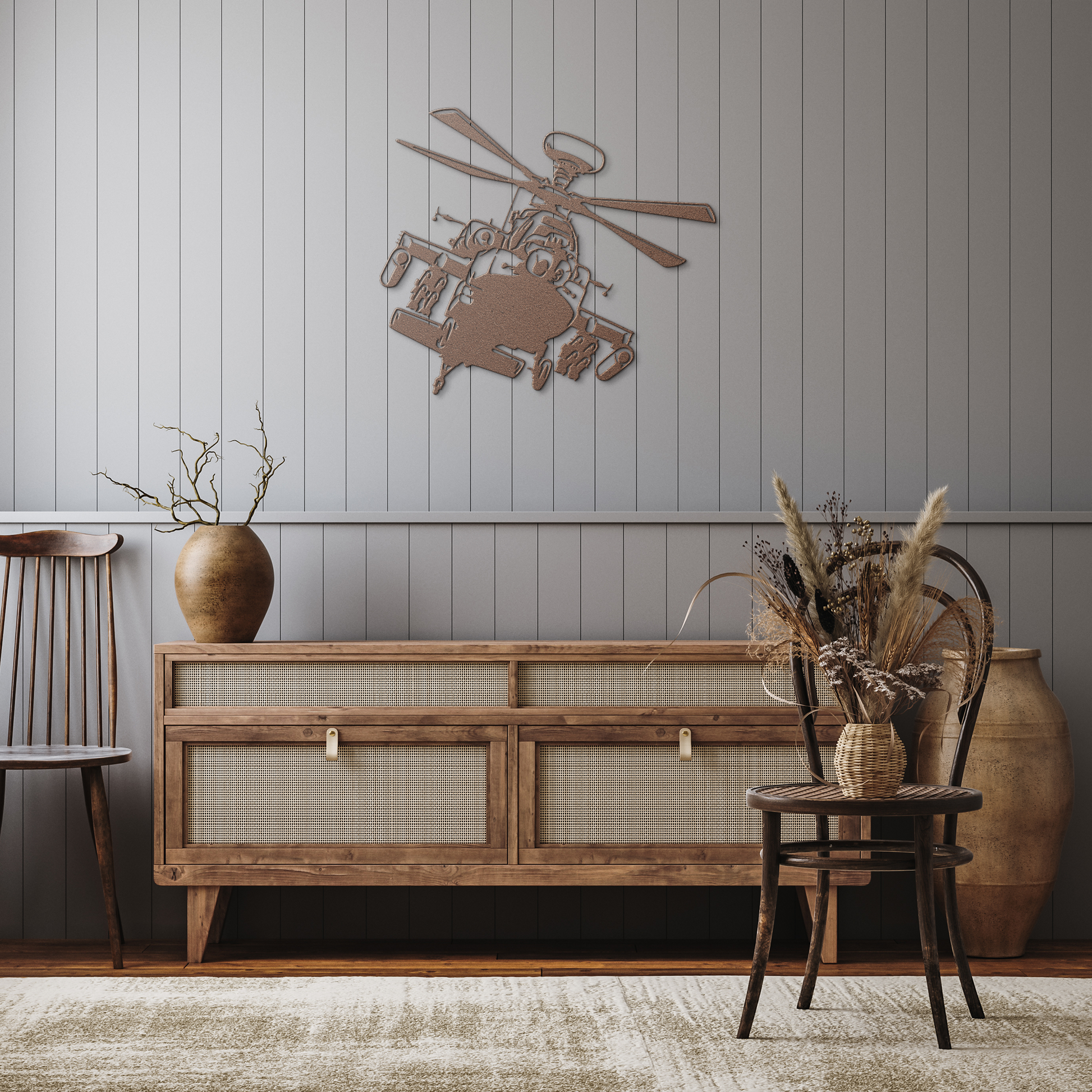 Attack_Helicopter_Metal_Wall_Art_Decor__Copper_Rustic_Hallway_Mockup.png