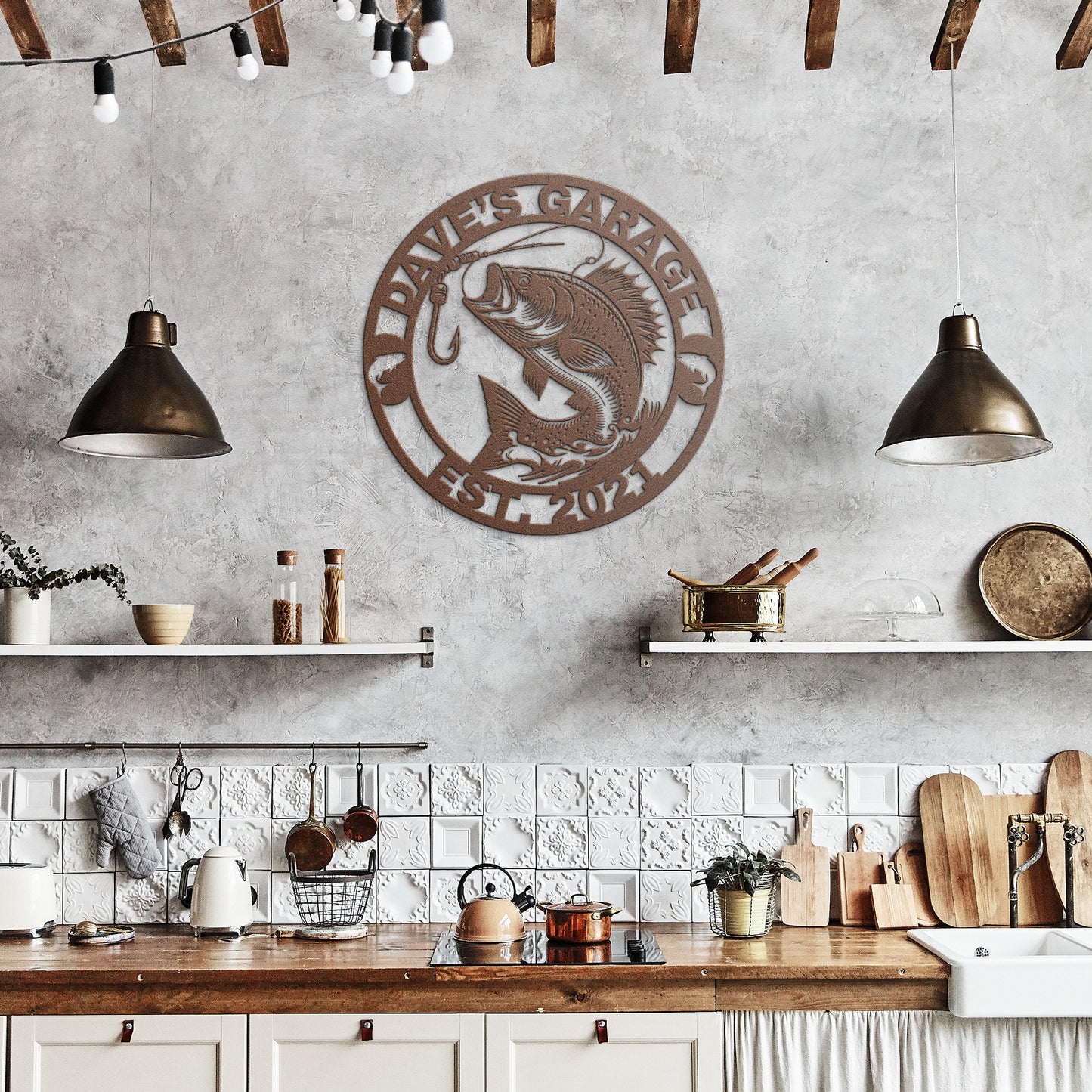 Bass Largemouth Dad's Garage Sign, Personalized Fish Metal Sign, Customized Name Sign, Lake House Fishing Wall Art