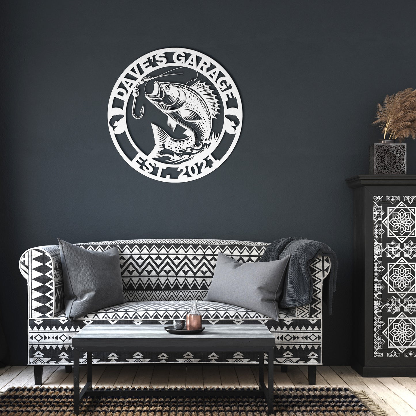 Bass Largemouth Dad's Garage Sign, Personalized Fish Metal Sign, Customized Name Sign, Lake House Fishing Wall Art