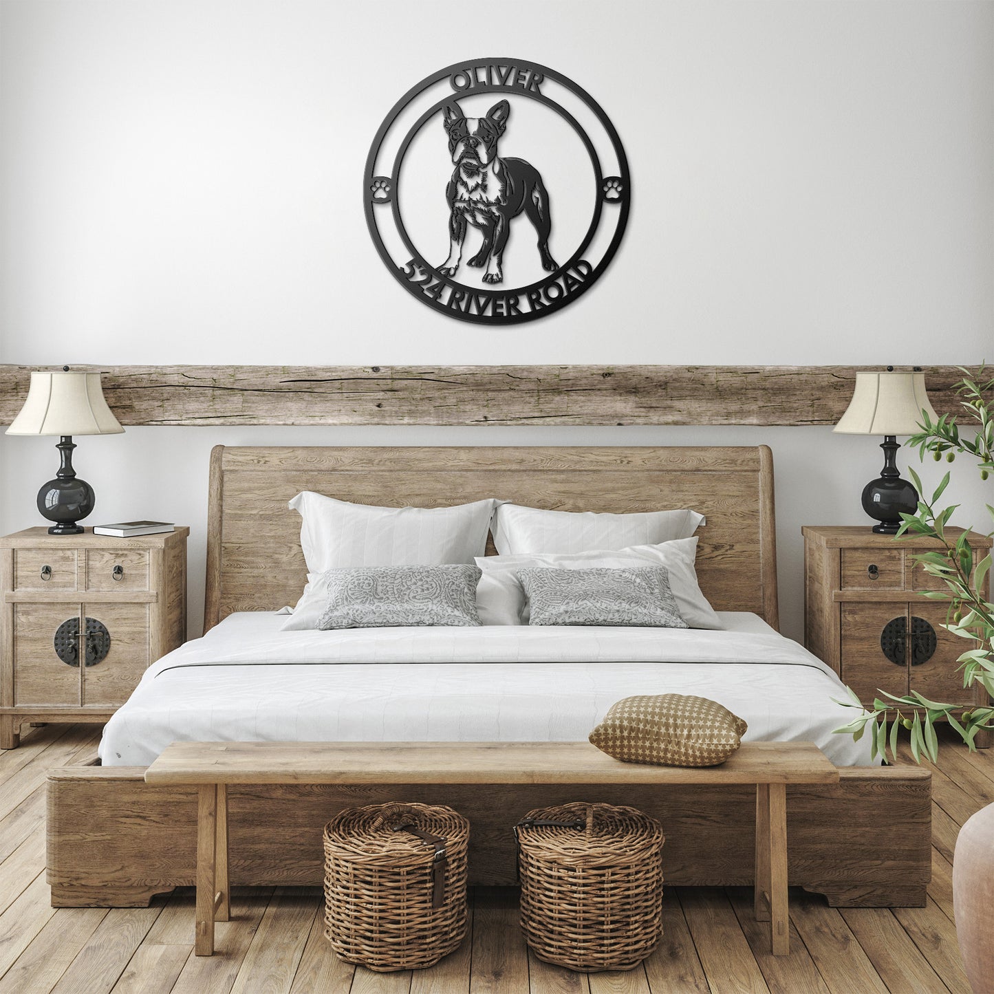 Boston Terrier Dog Silhouette Round Metal Sign, Custom Text Or Address, Pet Owner Gift, Dog Metal Wall Art