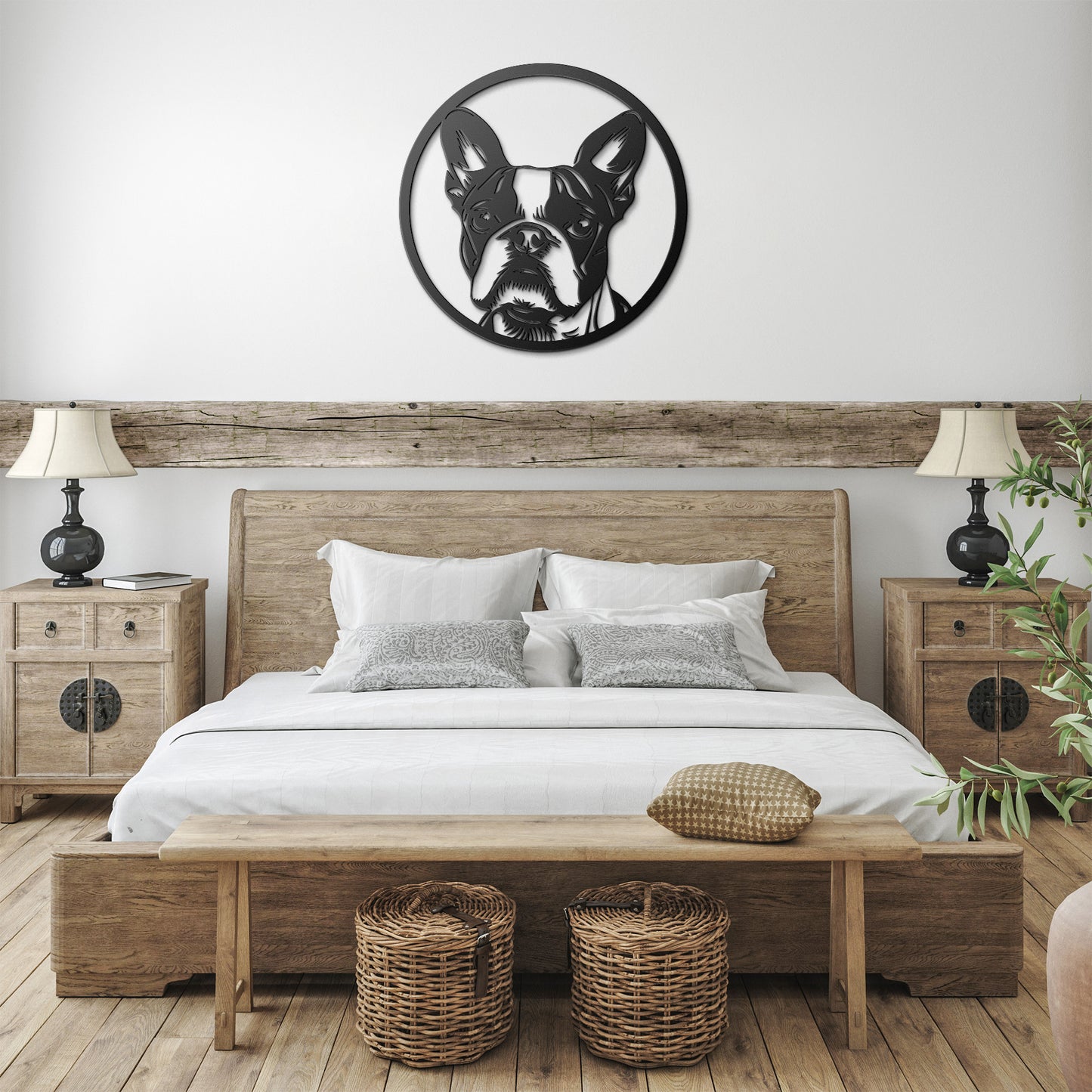 Boston Terrier Dog Silhouette Round Metal Sign, Custom Text Or Address, Pet Owner Gift, Dog Metal Wall Art