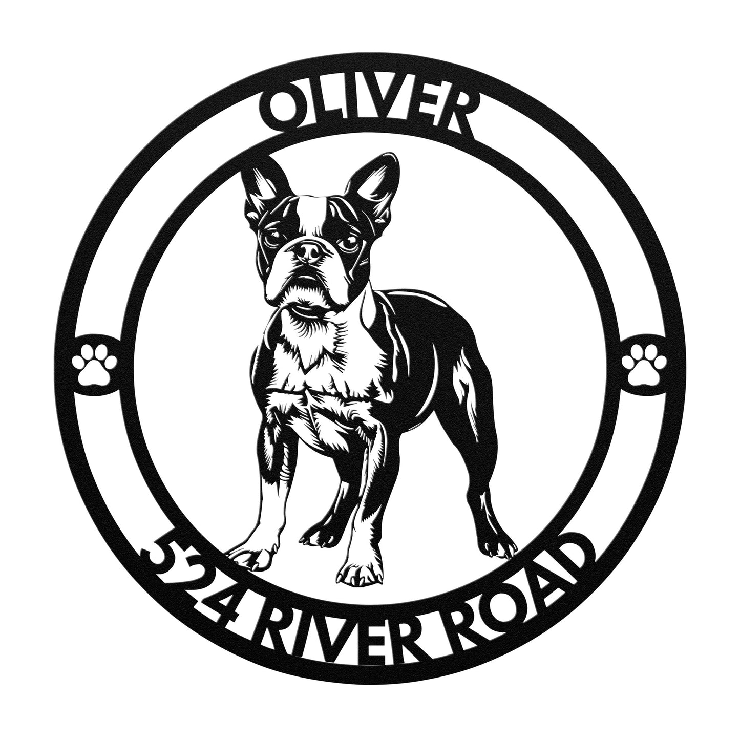 Boston Terrier Dog Silhouette Round Metal Sign, Custom Text Or Address, Pet Owner Gift, Dog Metal Wall Art