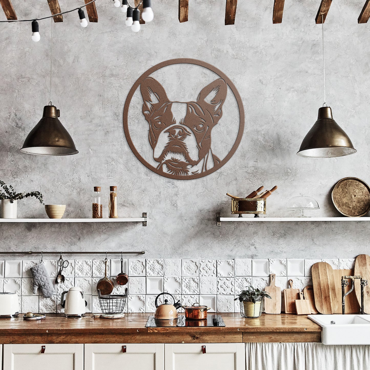 Boston Terrier Dog Silhouette Round Metal Sign, Custom Text Or Address, Pet Owner Gift, Dog Metal Wall Art