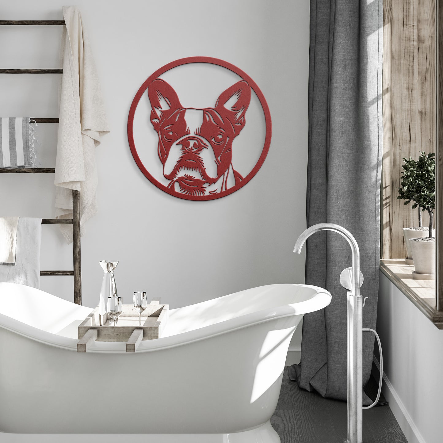 Boston Terrier Dog Silhouette Round Metal Sign, Custom Text Or Address, Pet Owner Gift, Dog Metal Wall Art