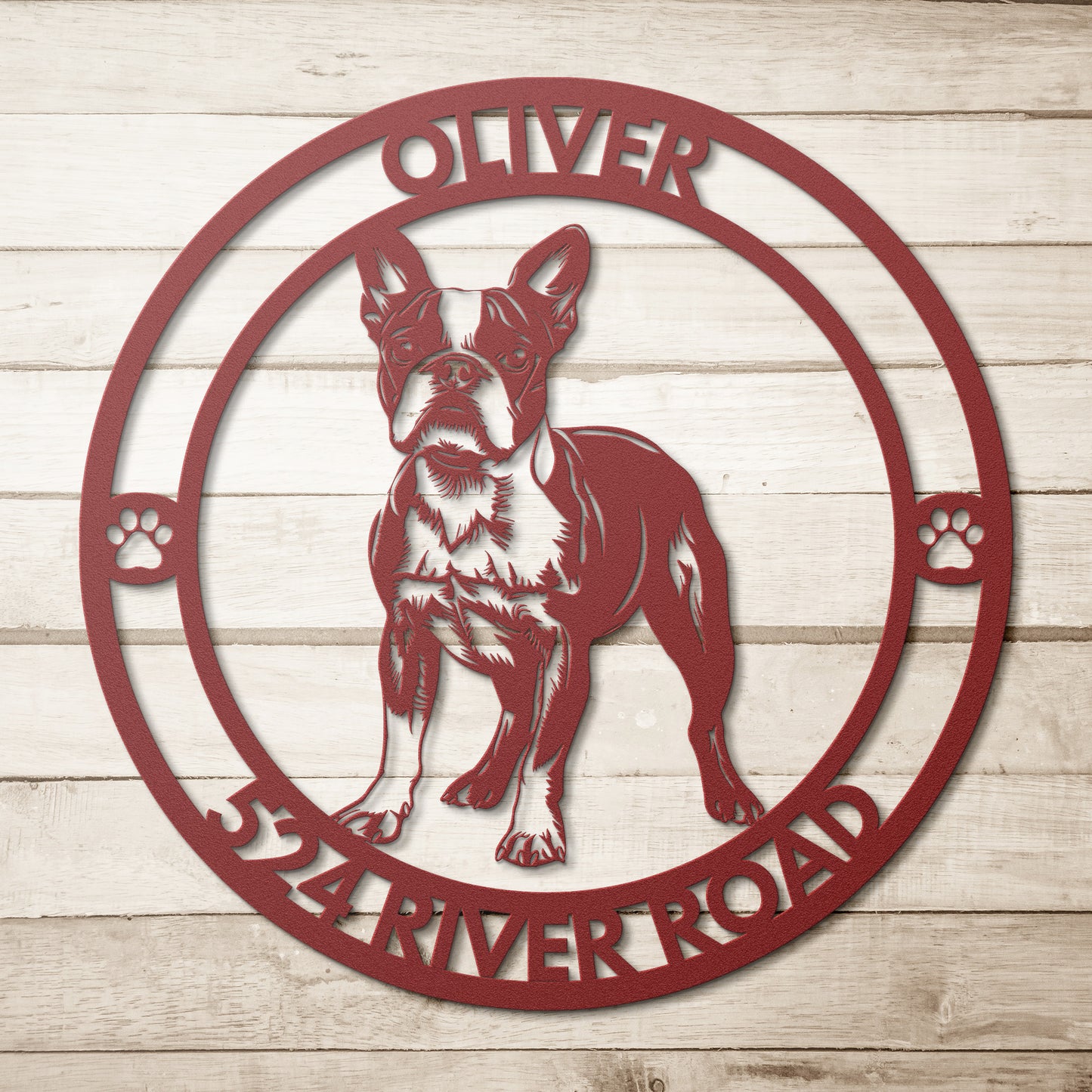 Boston Terrier Dog Silhouette Round Metal Sign, Custom Text Or Address, Pet Owner Gift, Dog Metal Wall Art