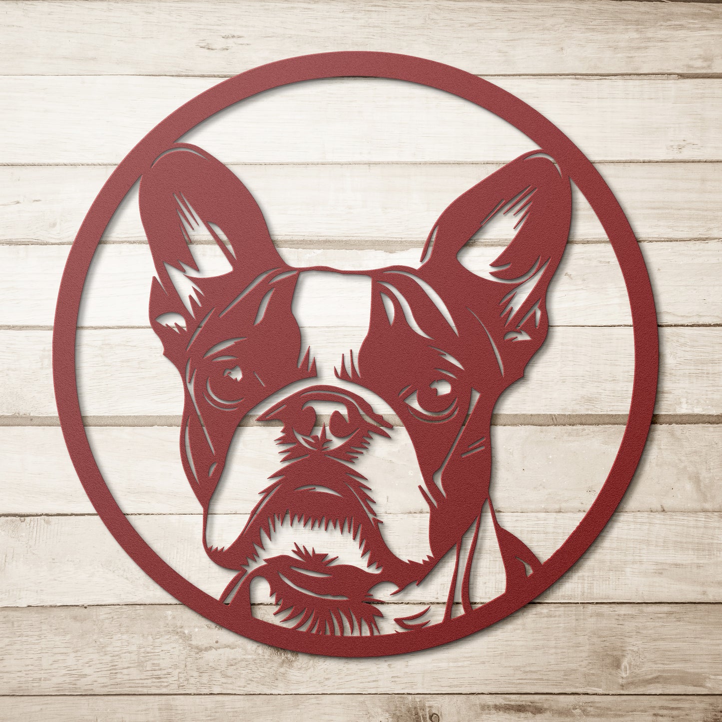 Boston Terrier Dog Silhouette Round Metal Sign, Custom Text Or Address, Pet Owner Gift, Dog Metal Wall Art