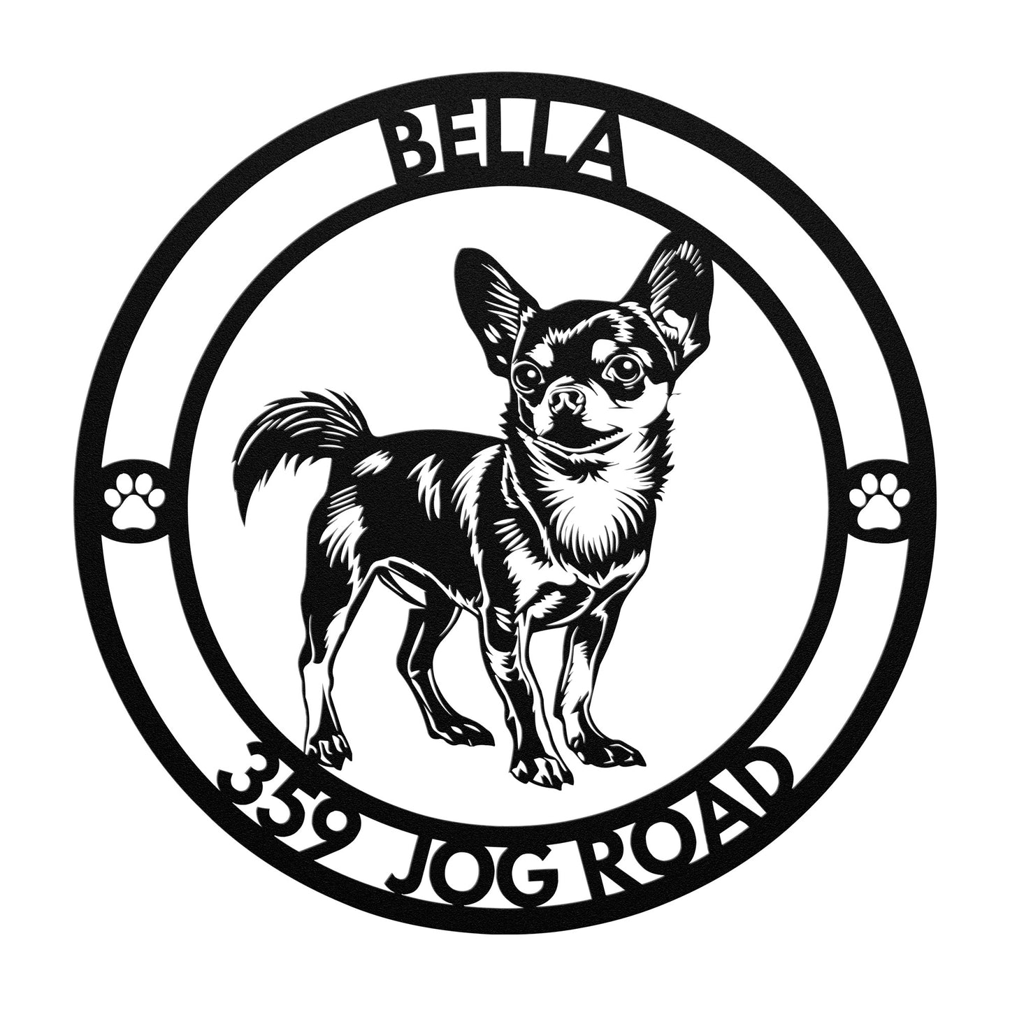 Chiwawa Dog Silhouette Round Metal Sign, Custom Text Or Address, Pet Owner Gift, Dog Metal Wall Art