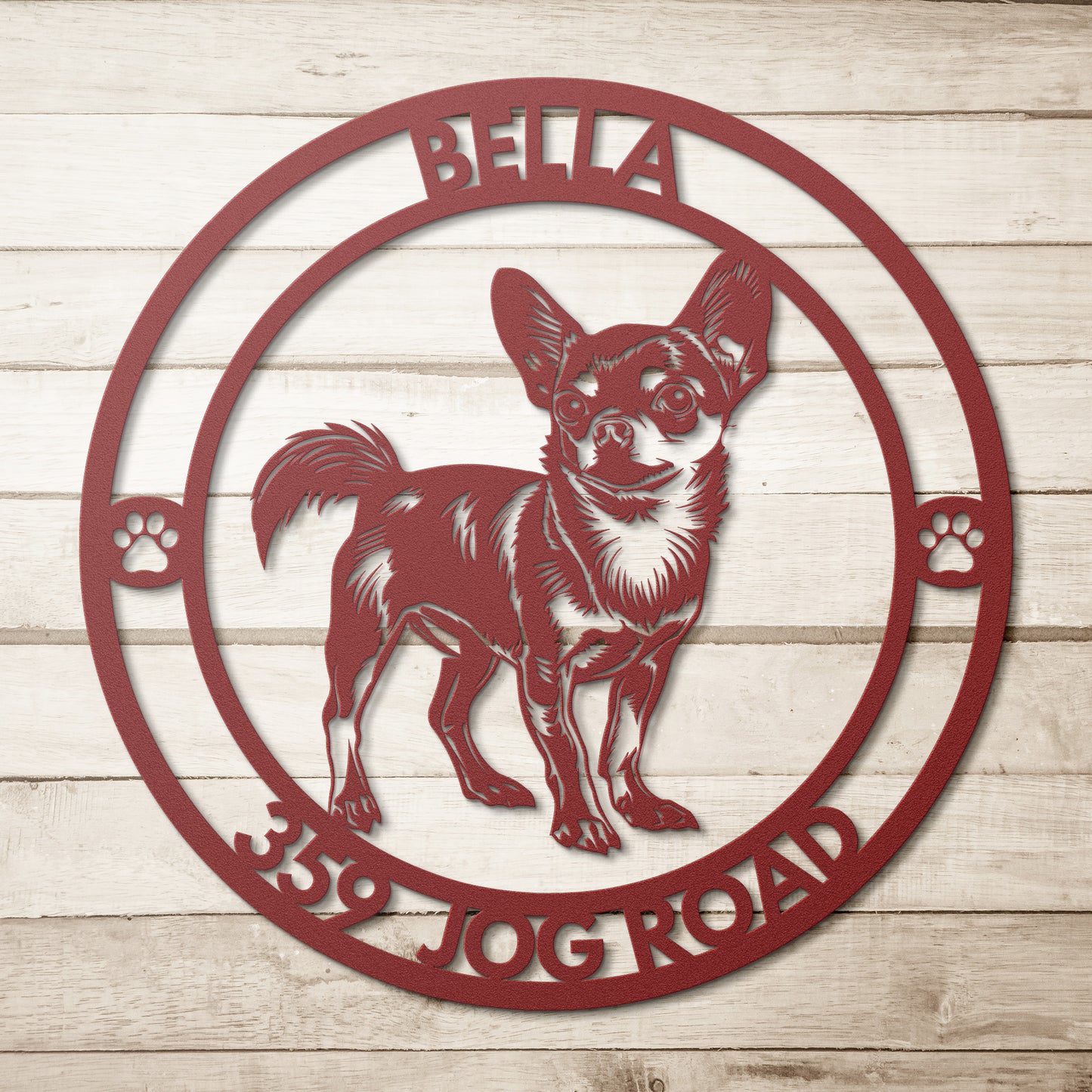 Chiwawa Dog Silhouette Round Metal Sign, Custom Text Or Address, Pet Owner Gift, Dog Metal Wall Art