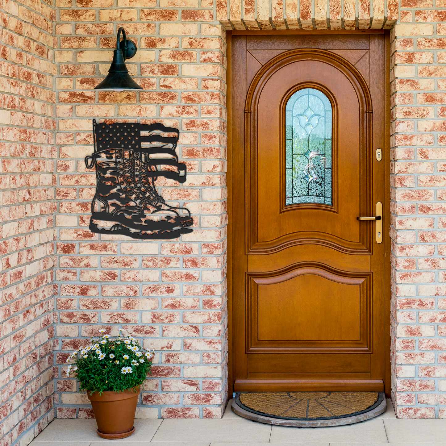 Combat_boots_American_Flag_Metal_Wall_Ar_Black_Brick_Entrance_Mockup.png