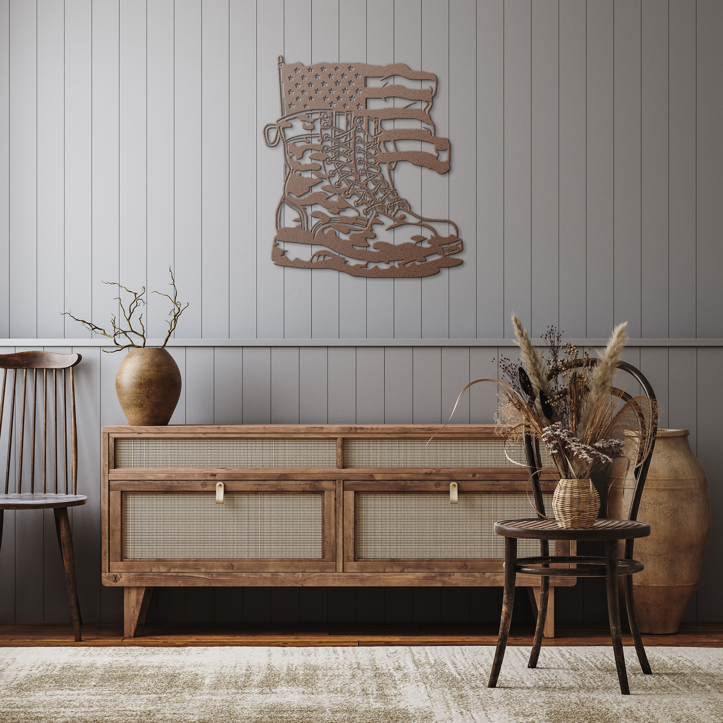 Combat_boots_American_Flag_Metal_Wall_Ar_Copper_Rustic_Hallway_Mockup.png