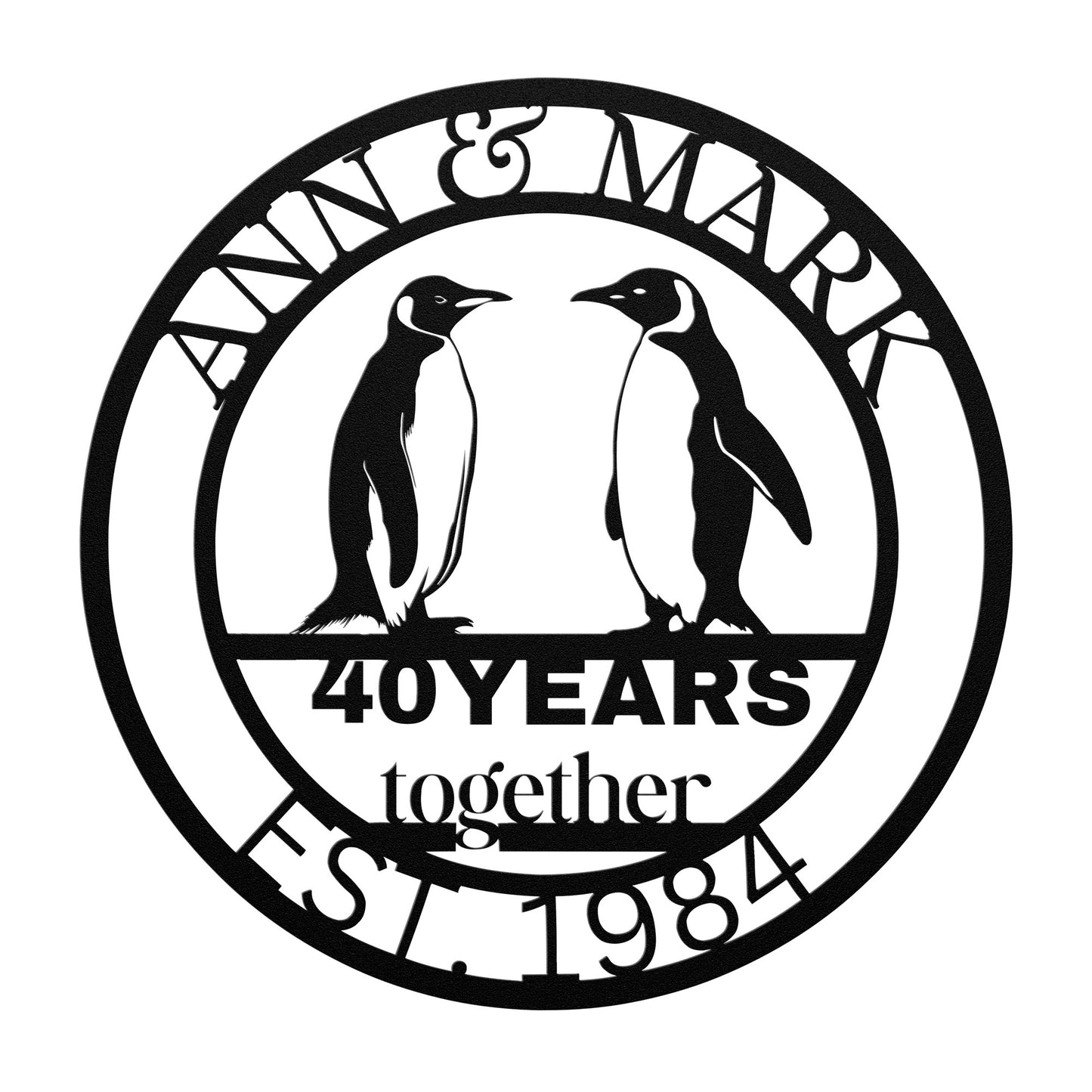 Custom 40th Wedding Anniversary Birds Metal Sign, Personalized 40th Husband and Wife Milestone Gift, Penguins Metal Wall Art Sign For Parents