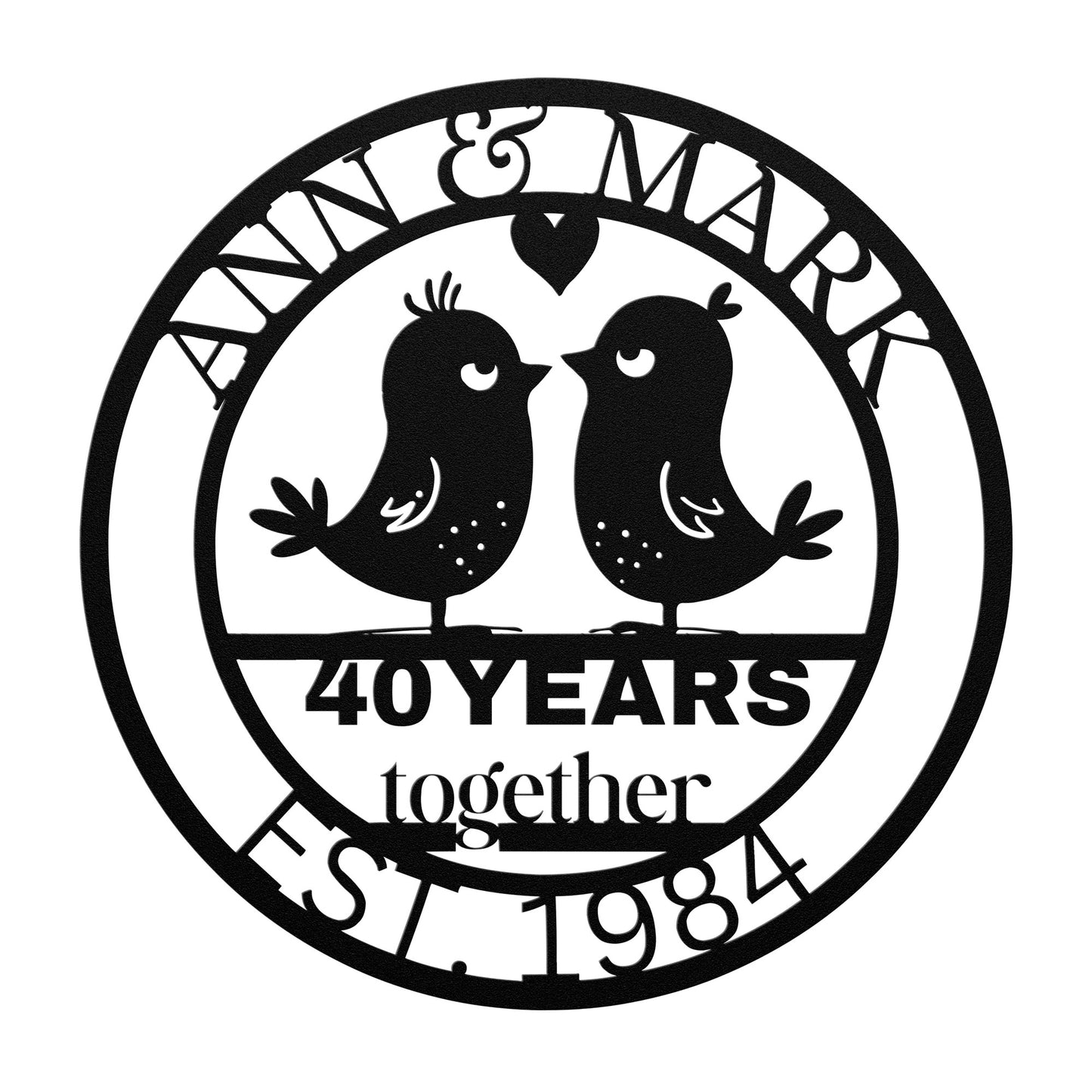 Custom 40th Wedding Anniversary Birds Metal Sign, Personalized 40th Husband and Wife Milestone Gift, Lovebirds Metal Wall Art Sign For Parents