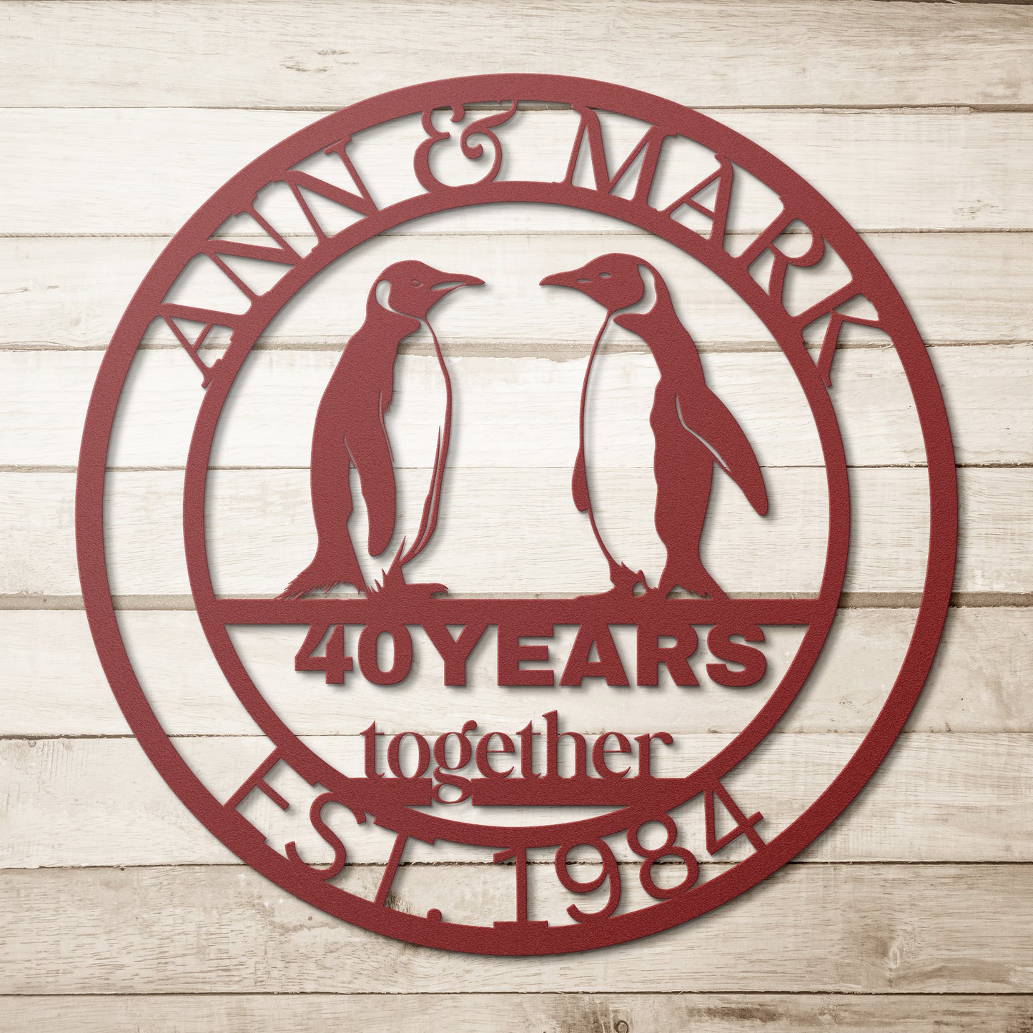 Custom 40th Wedding Anniversary Birds Metal Sign, Personalized 40th Husband and Wife Milestone Gift, Penguins Metal Wall Art Sign For Parents