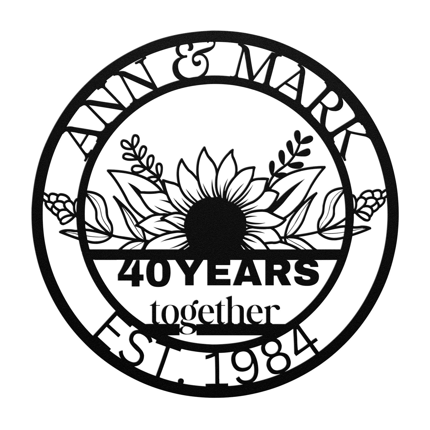 Custom 40th Wedding Anniversary Floral Metal Sign, Personalized 40th Husband and Wife Milestone Gift, Sunflower Metal Wall Art Sign For Parents