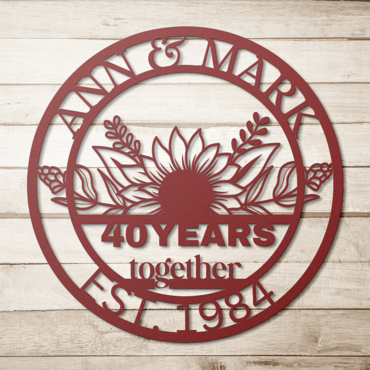 Custom 40th Wedding Anniversary Floral Metal Sign, Personalized 40th Husband and Wife Milestone Gift, Sunflower Metal Wall Art Sign For Parents