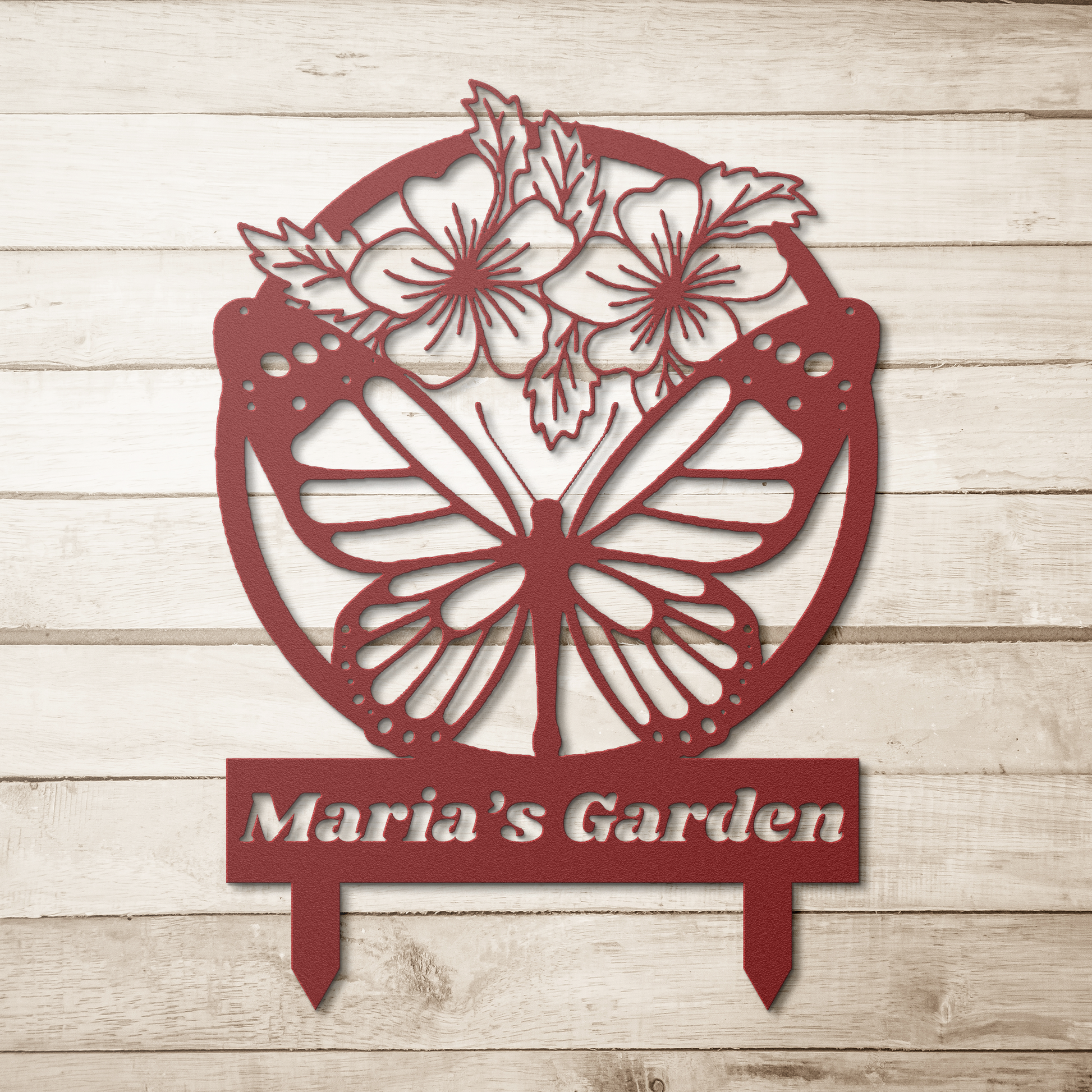 Custom_Metal_Garden_Sign_Personalized_B_Red_Simple_Wood_BKGD_Mockup.png