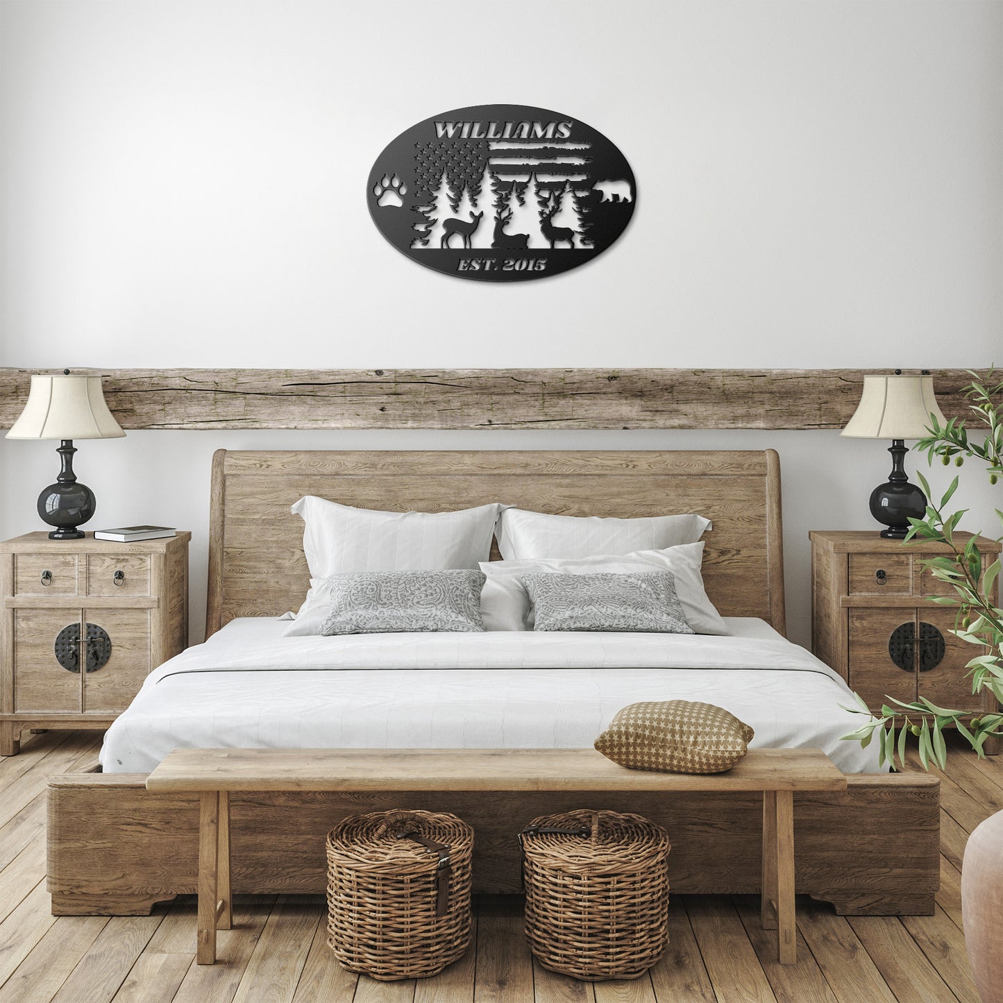 Custom USA Flag Name Address Sign, Buck Cabin Sign, Paw & bear, American Flag Forest Sign.