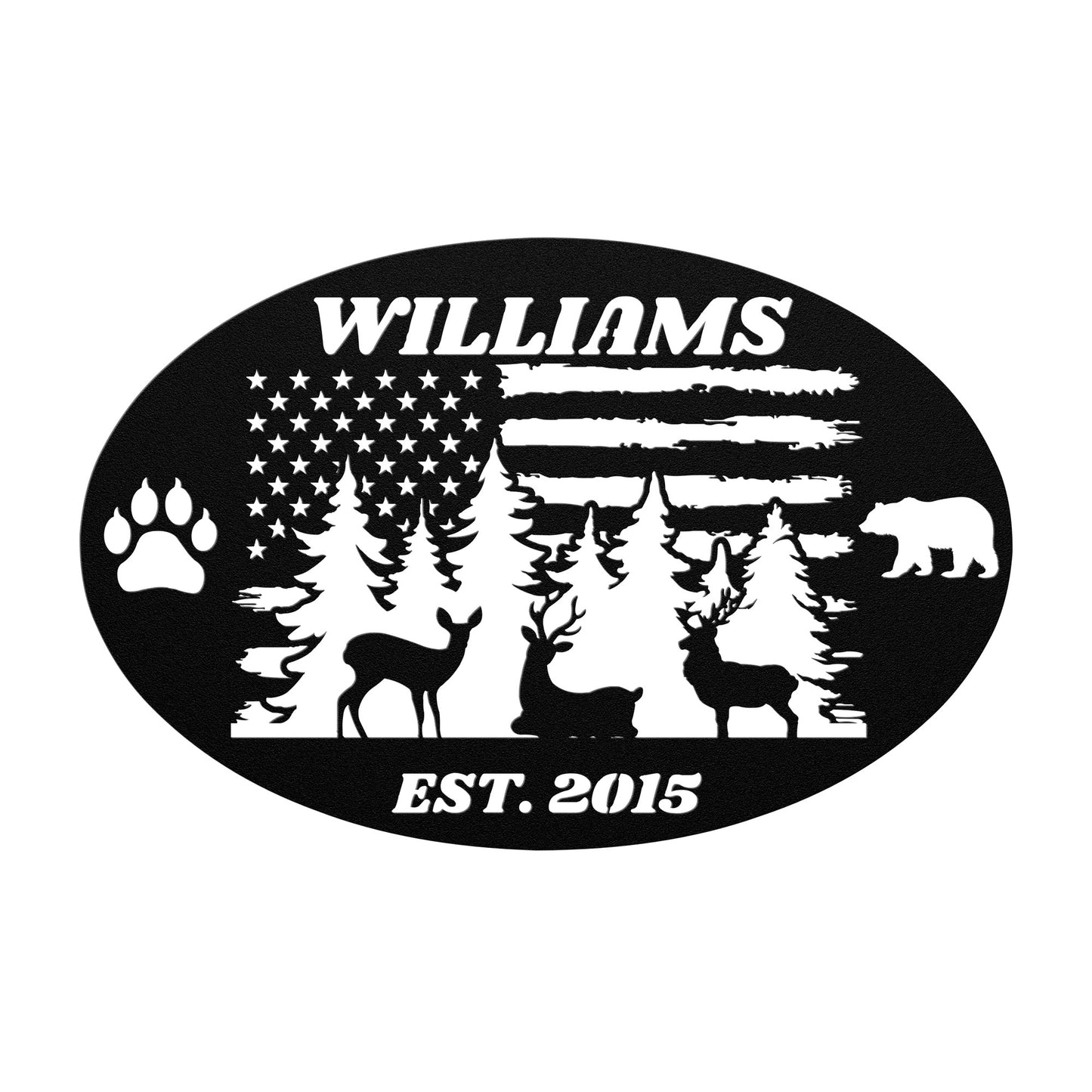Custom USA Flag Name Address Sign, Buck Cabin Sign, Paw & bear, American Flag Forest Sign.