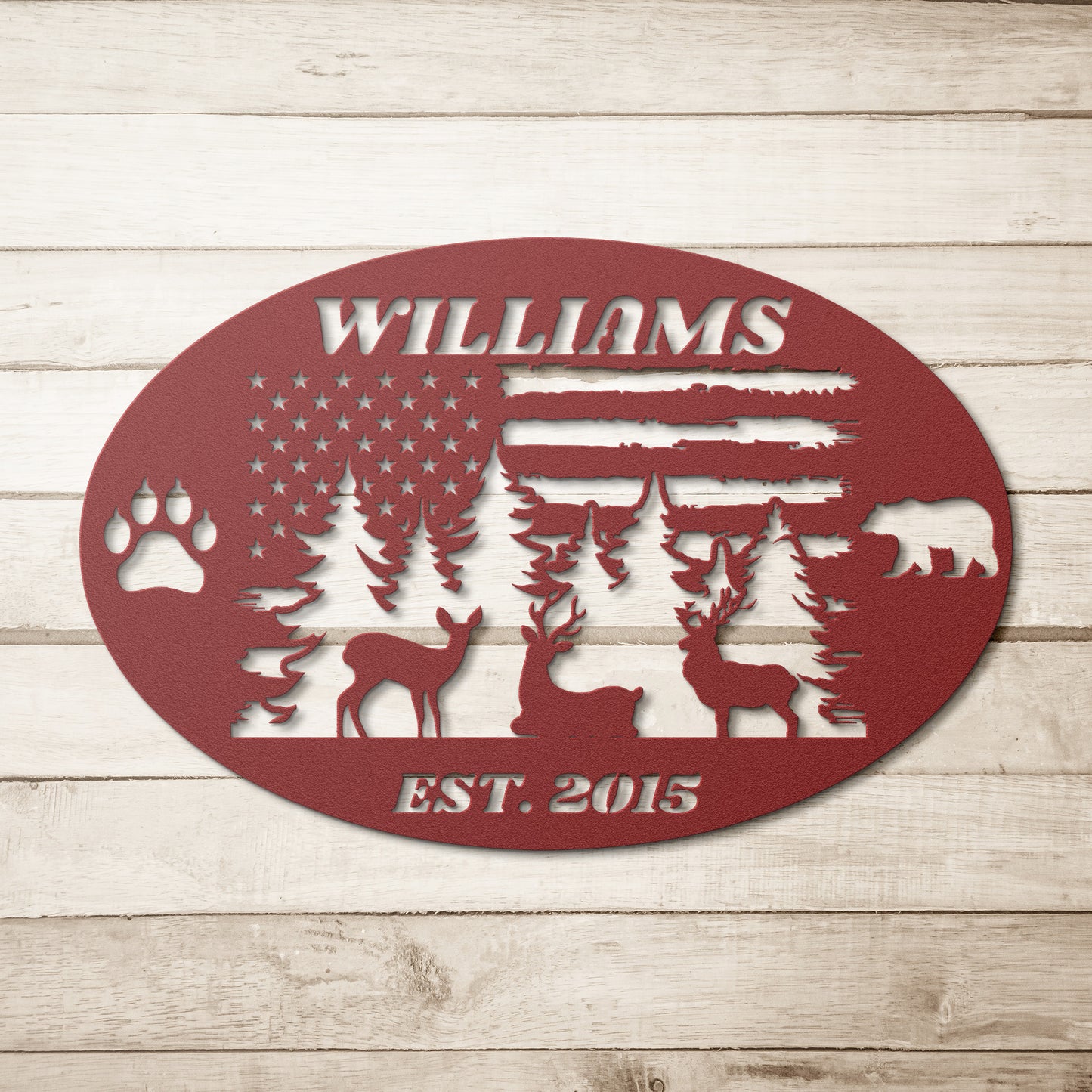 Custom USA Flag Name Address Sign, Buck Cabin Sign, Paw & bear, American Flag Forest Sign.