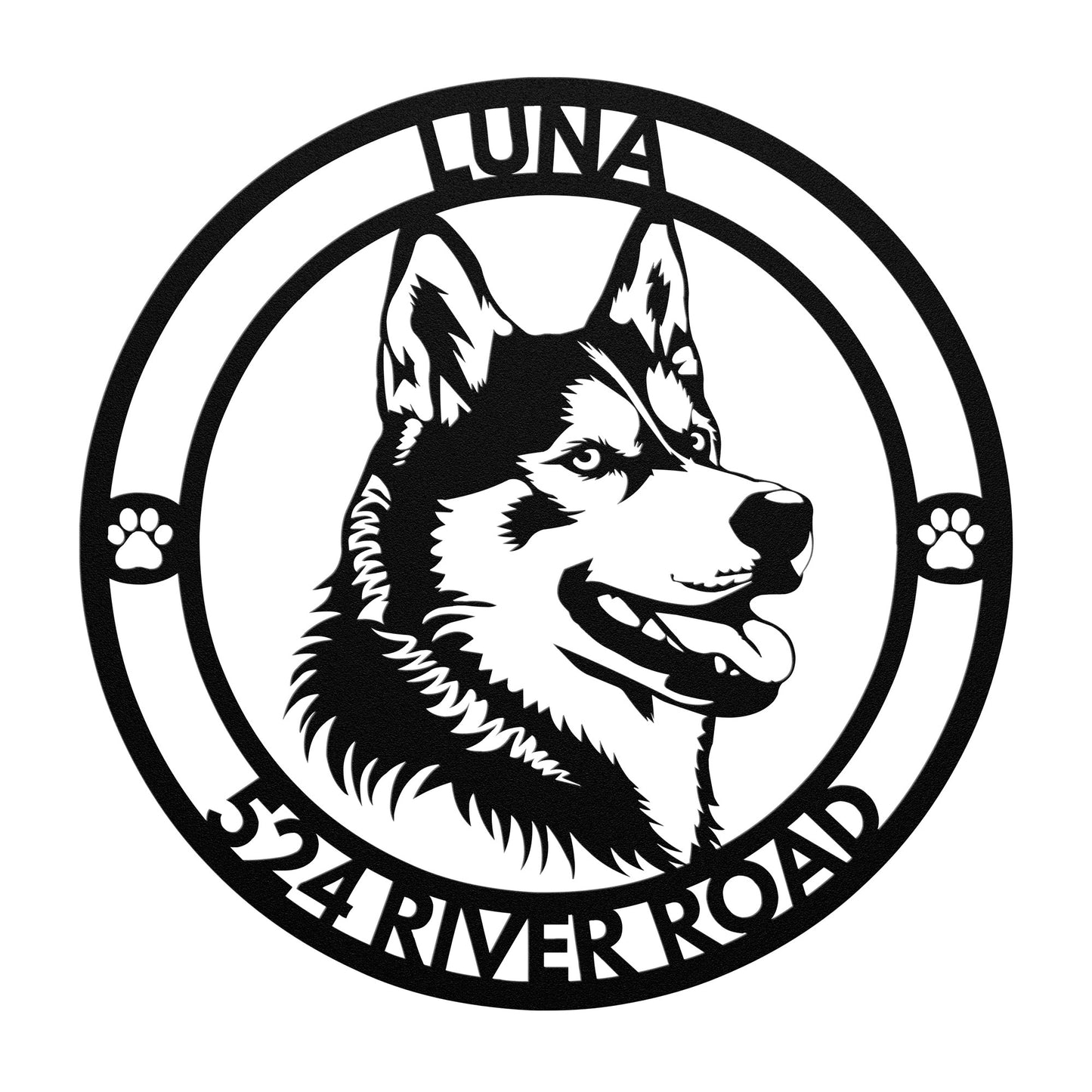 Cute Siberian Husky Dog Pet Portrait Metal Sign, Husky Silhouette Round Metal Sign, Custom Text Or Address, Pet Owner Gift, Dog Metal Wall Art