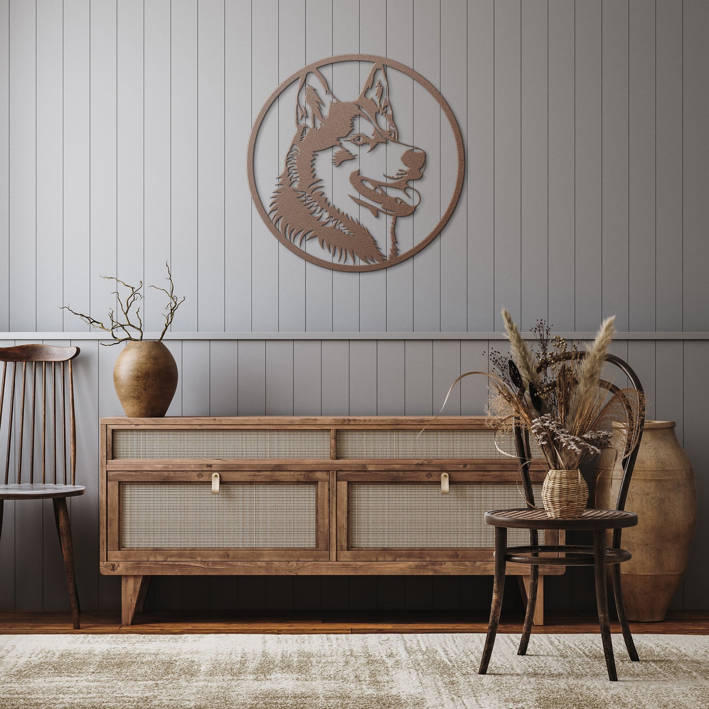 Cute Siberian Husky Dog Pet Portrait Metal Sign, Husky Silhouette Round Metal Sign, Custom Text Or Address, Pet Owner Gift, Dog Metal Wall Art