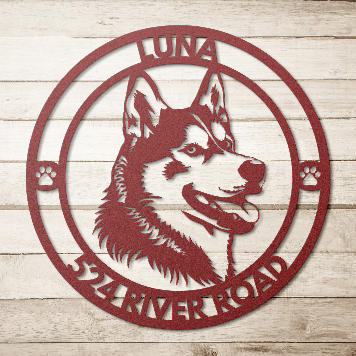 Cute Siberian Husky Dog Pet Portrait Metal Sign, Husky Silhouette Round Metal Sign, Custom Text Or Address, Pet Owner Gift, Dog Metal Wall Art