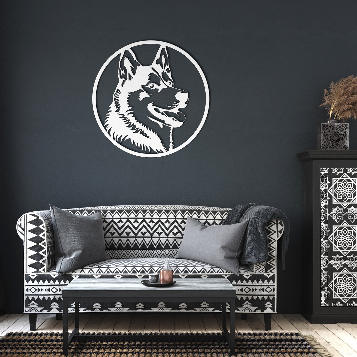 Cute Siberian Husky Dog Pet Portrait Metal Sign, Husky Silhouette Round Metal Sign, Custom Text Or Address, Pet Owner Gift, Dog Metal Wall Art