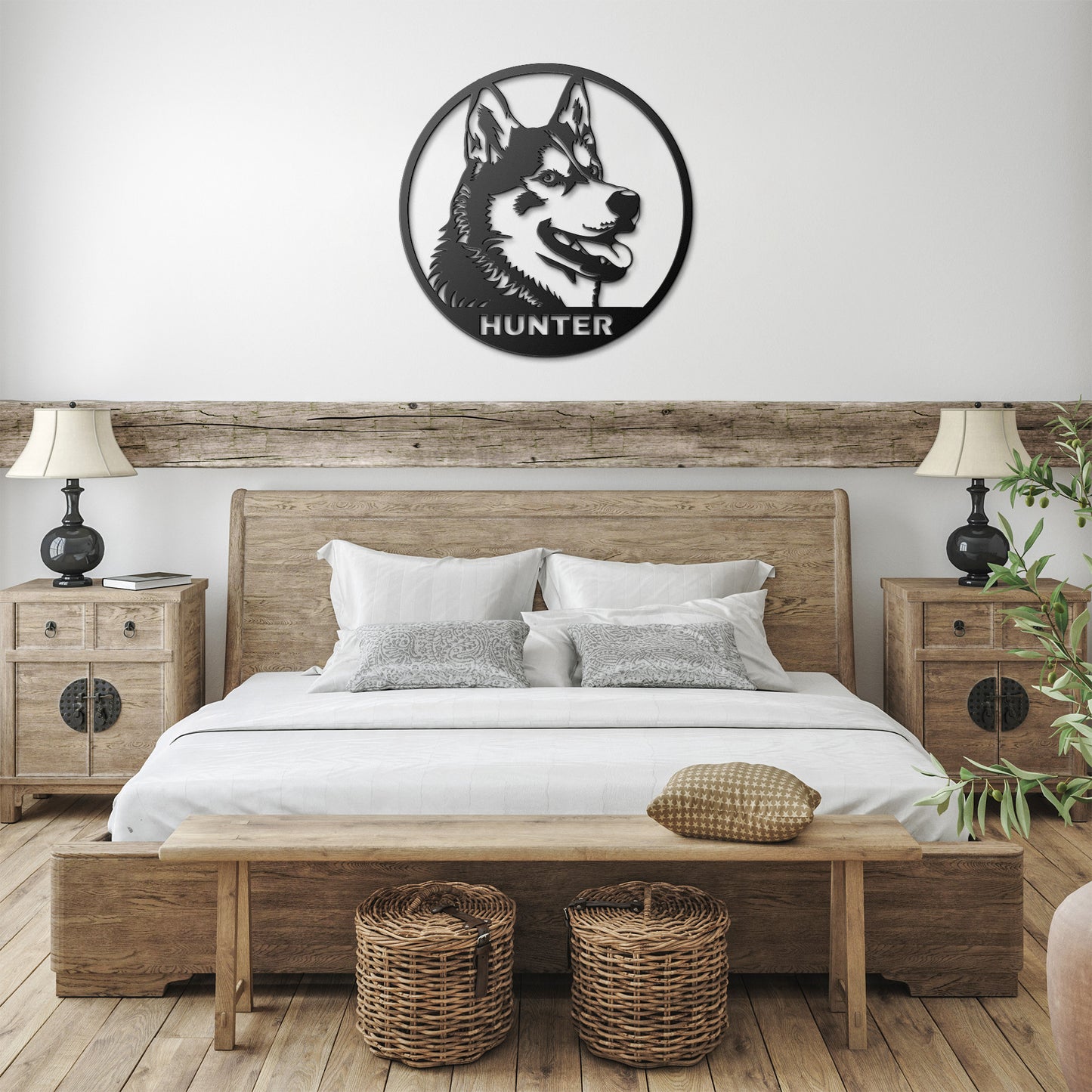 Cute Siberian Husky Portrait Metal Sign, Husky Silhouette Round Metal Sign, Pet Memorial, Custom Text Or Address, Pet Owner Gift, Dog Metal Wall Art