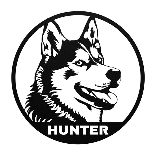 Cute Siberian Husky Portrait Metal Sign, Husky Silhouette Round Metal Sign, Pet Memorial, Custom Text Or Address, Pet Owner Gift, Dog Metal Wall Art