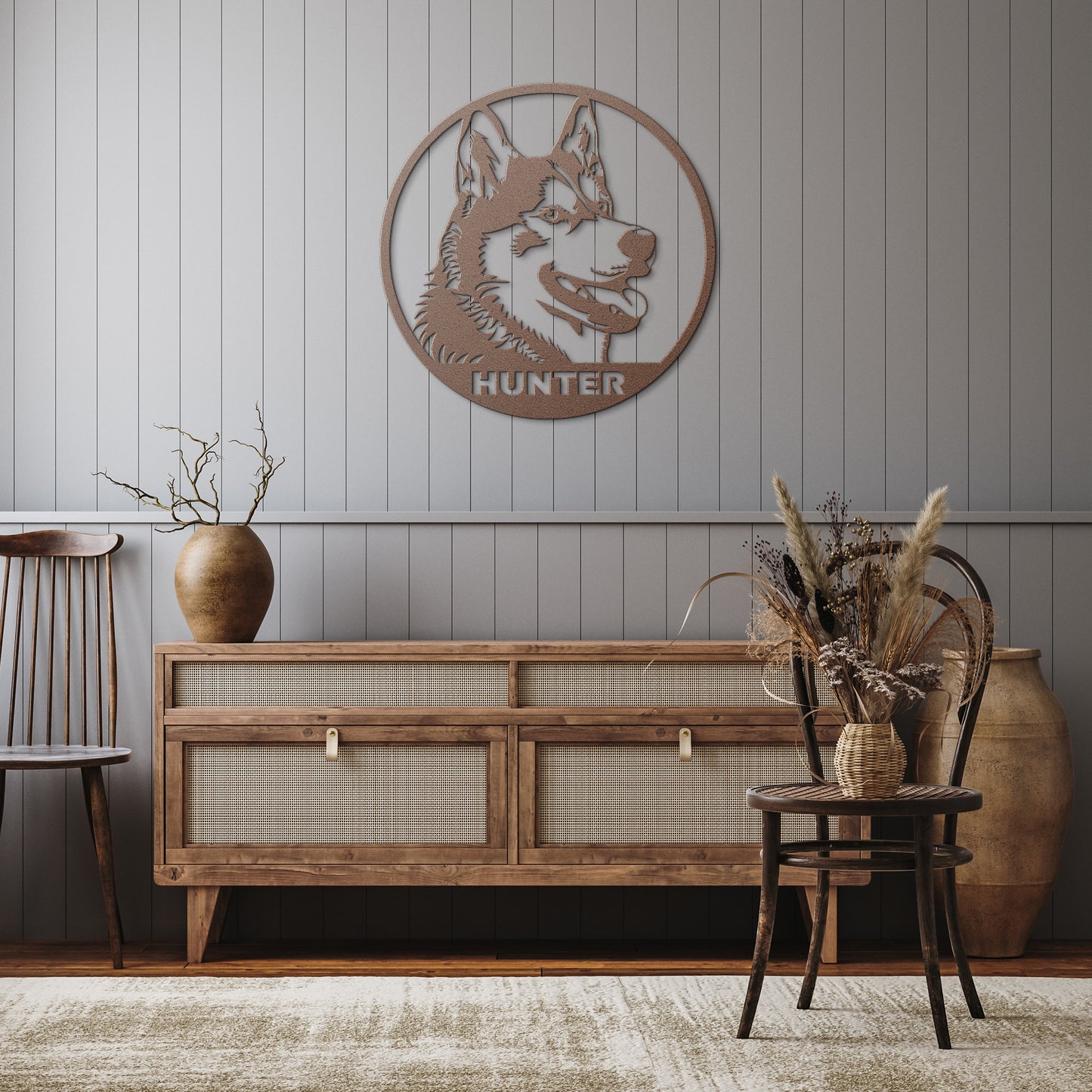 Cute Siberian Husky Portrait Metal Sign, Husky Silhouette Round Metal Sign, Pet Memorial, Custom Text Or Address, Pet Owner Gift, Dog Metal Wall Art