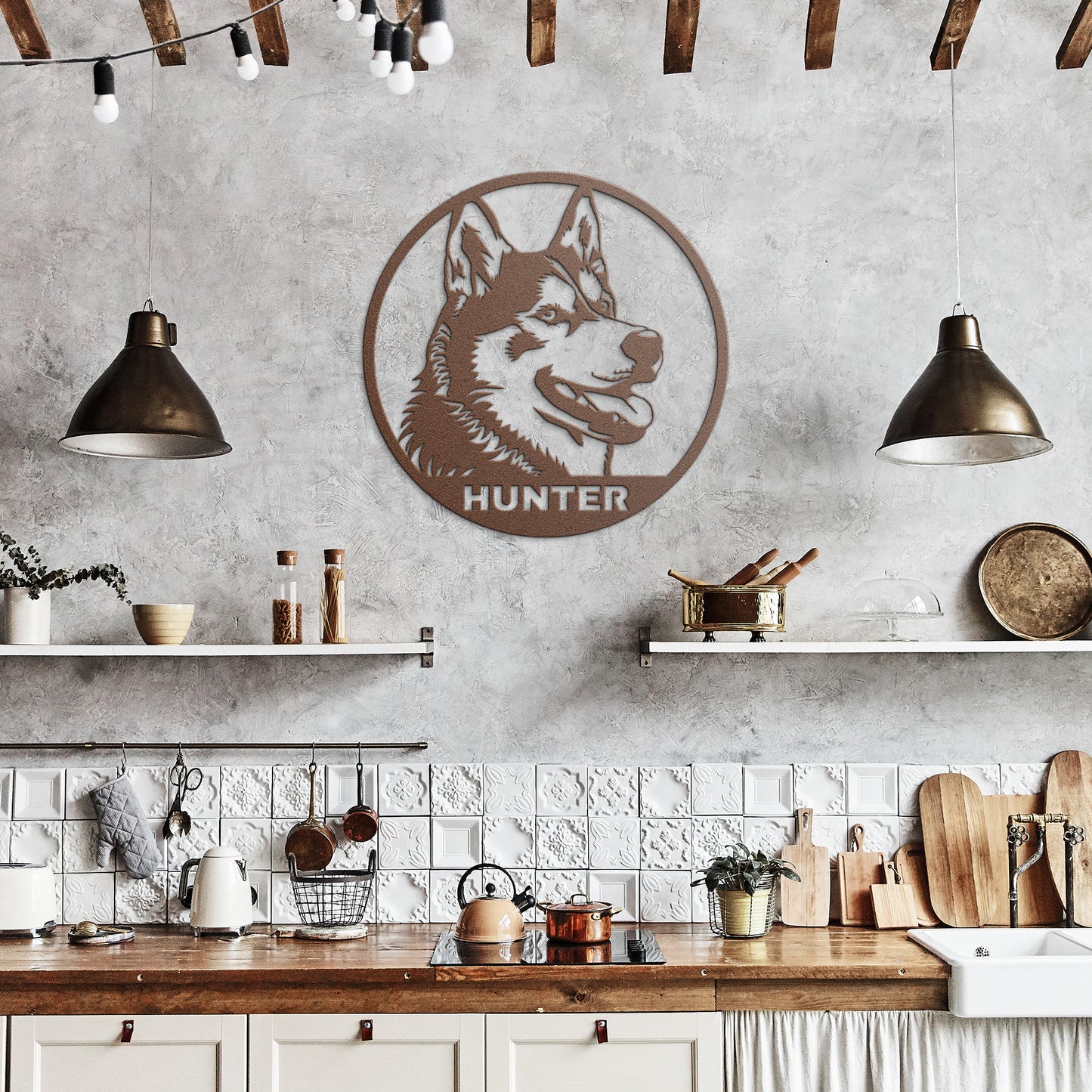 Cute Siberian Husky Portrait Metal Sign, Husky Silhouette Round Metal Sign, Pet Memorial, Custom Text Or Address, Pet Owner Gift, Dog Metal Wall Art