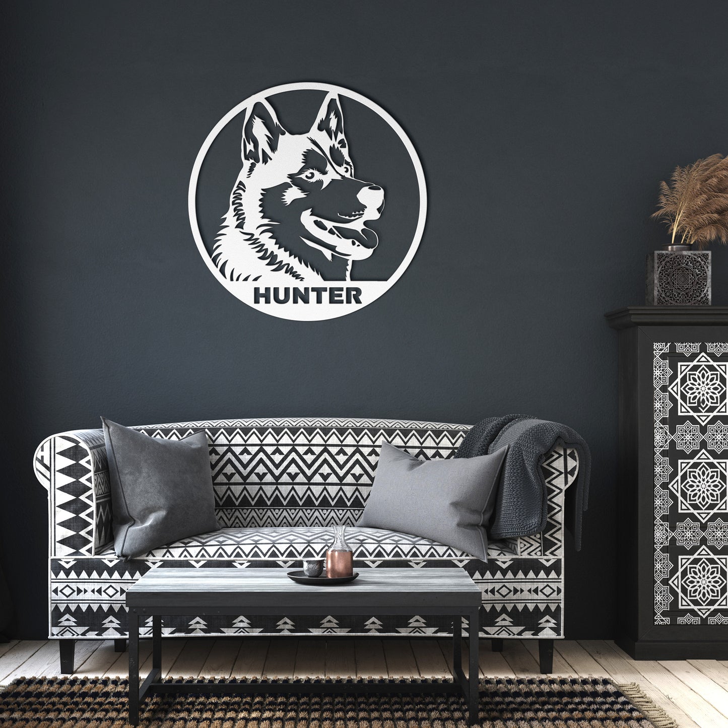 Cute Siberian Husky Portrait Metal Sign, Husky Silhouette Round Metal Sign, Pet Memorial, Custom Text Or Address, Pet Owner Gift, Dog Metal Wall Art