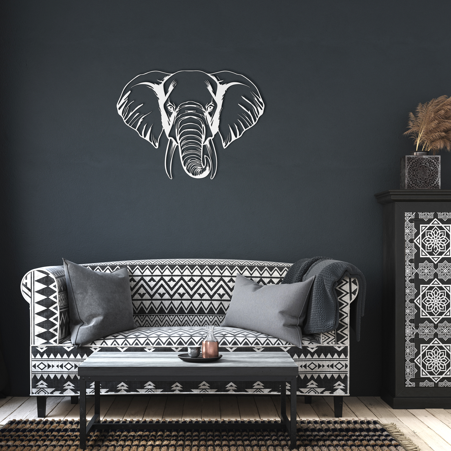 Elephant_Head_Metal_Wall_Art_Wildlife_L_White_Dark_Living_Room_Mockup.png