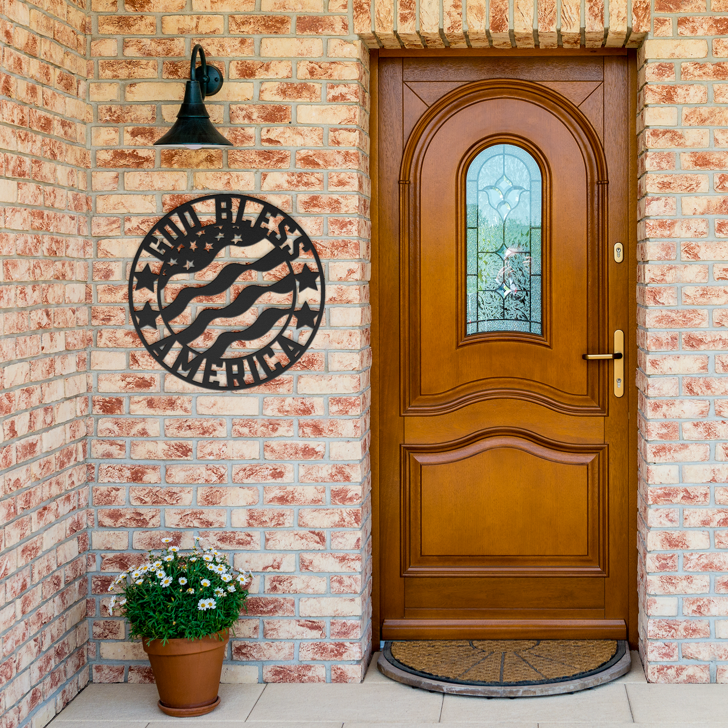 God_Bless_America_Metal_Sign_USA_Flag_M_Black_Brick_Entrance_Mockup.png