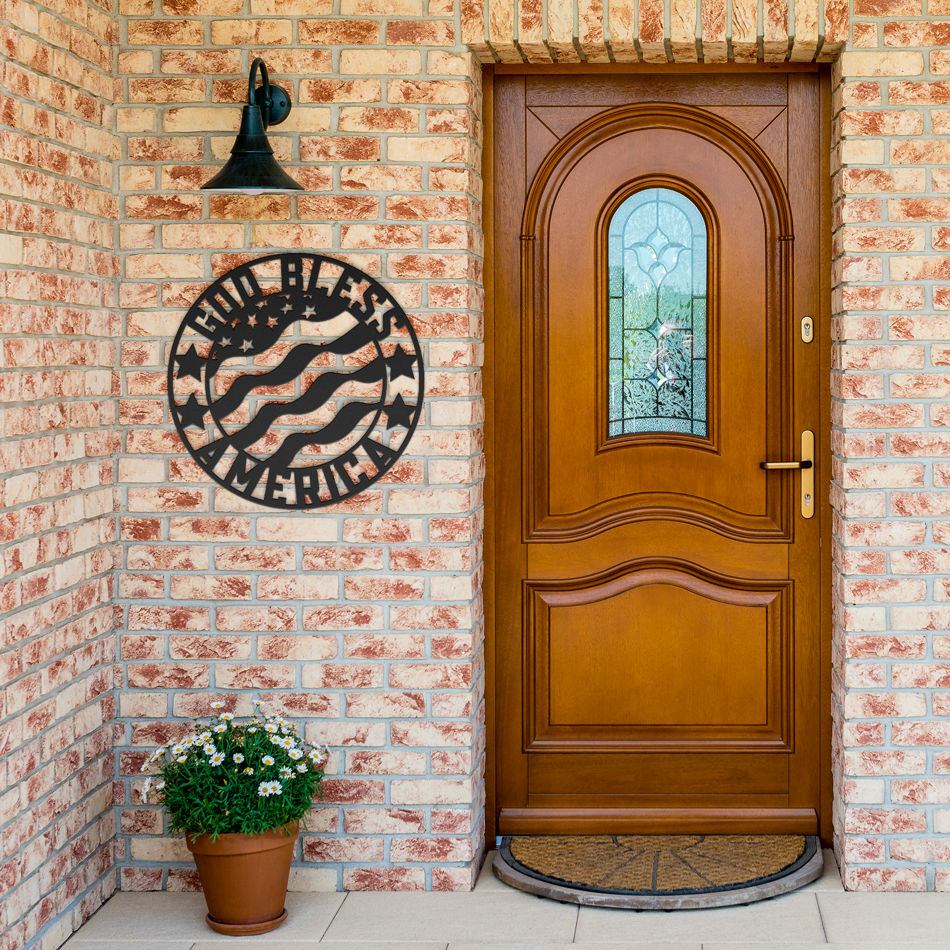 God_Bless_America_Metal_Sign_USA_Flag_M_Black_Brick_Entrance_Mockup.png