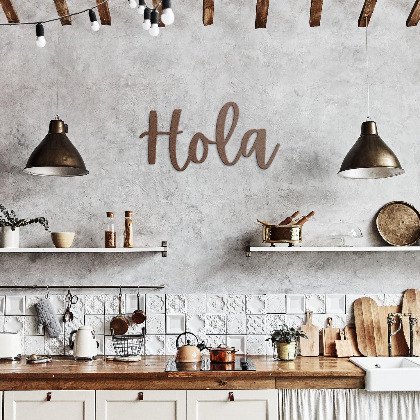 Hola Spanish Metal Wall Art, Metal Words, Front Door & Living room Wall Art, Housewarming Gift, Rustic Metal Wall Art