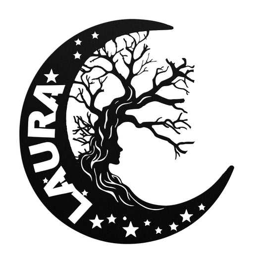Moon, Tree & Girl Metal Wall ArtPersonalized Name Moon Witch Art, Custom Woman And Moon Art, Celestial Art, Home Decor