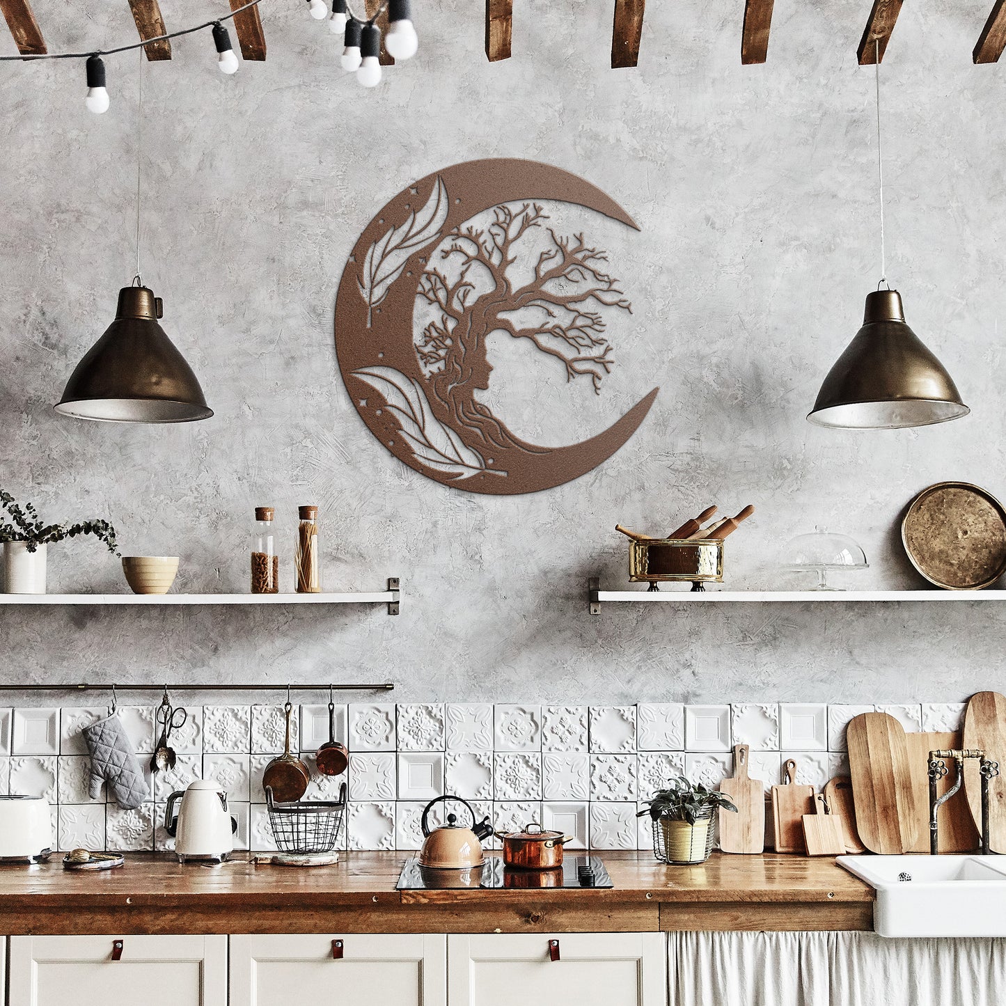 Moon, Tree & Girl Metal Wall Art, Moon Witch Art, Woman And Moon Art, Celestial Art, Home Decor