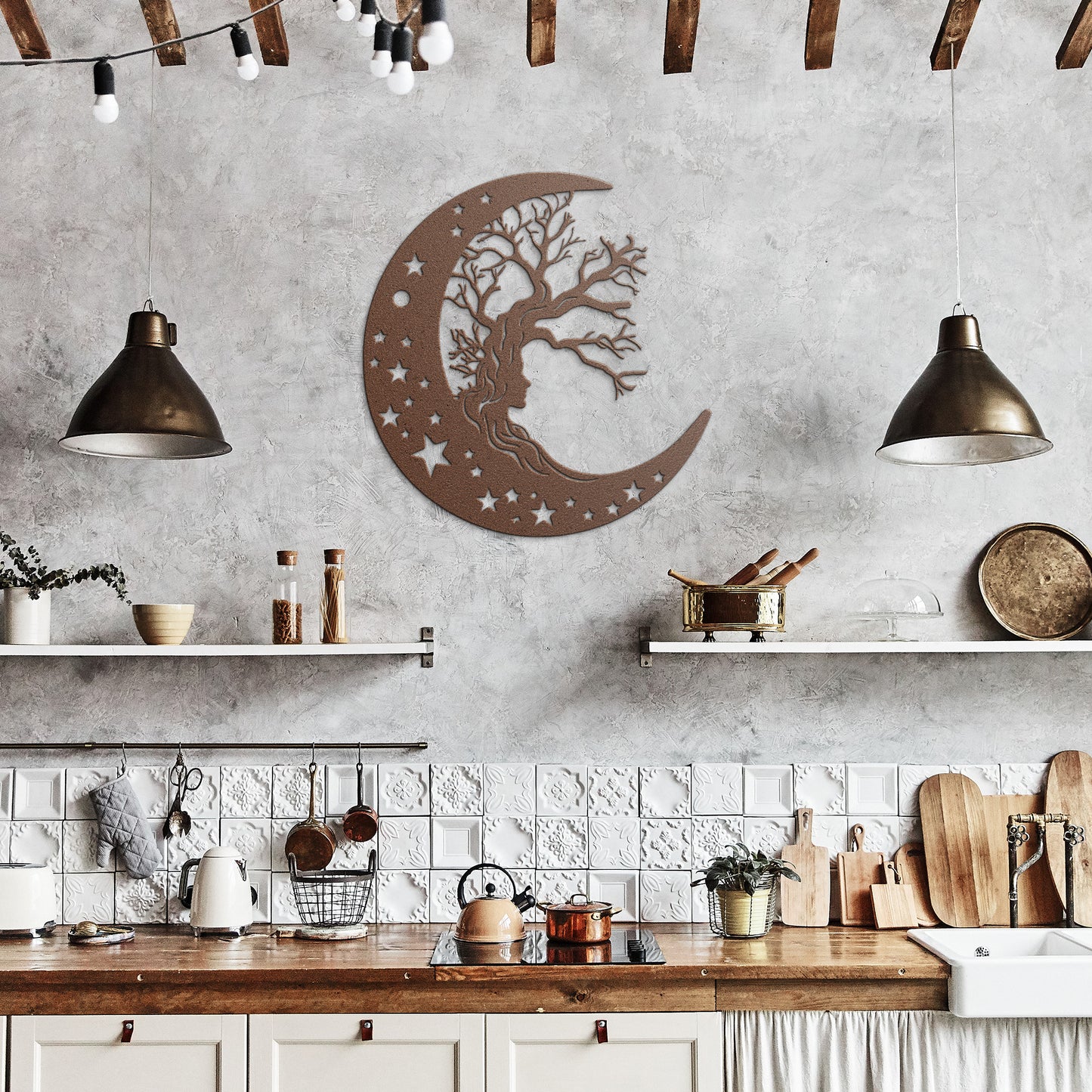 Moon, Tree & Girl Metal Wall Art, Moon Witch Art, Woman And Moon Art, Celestial Art, Home Decor