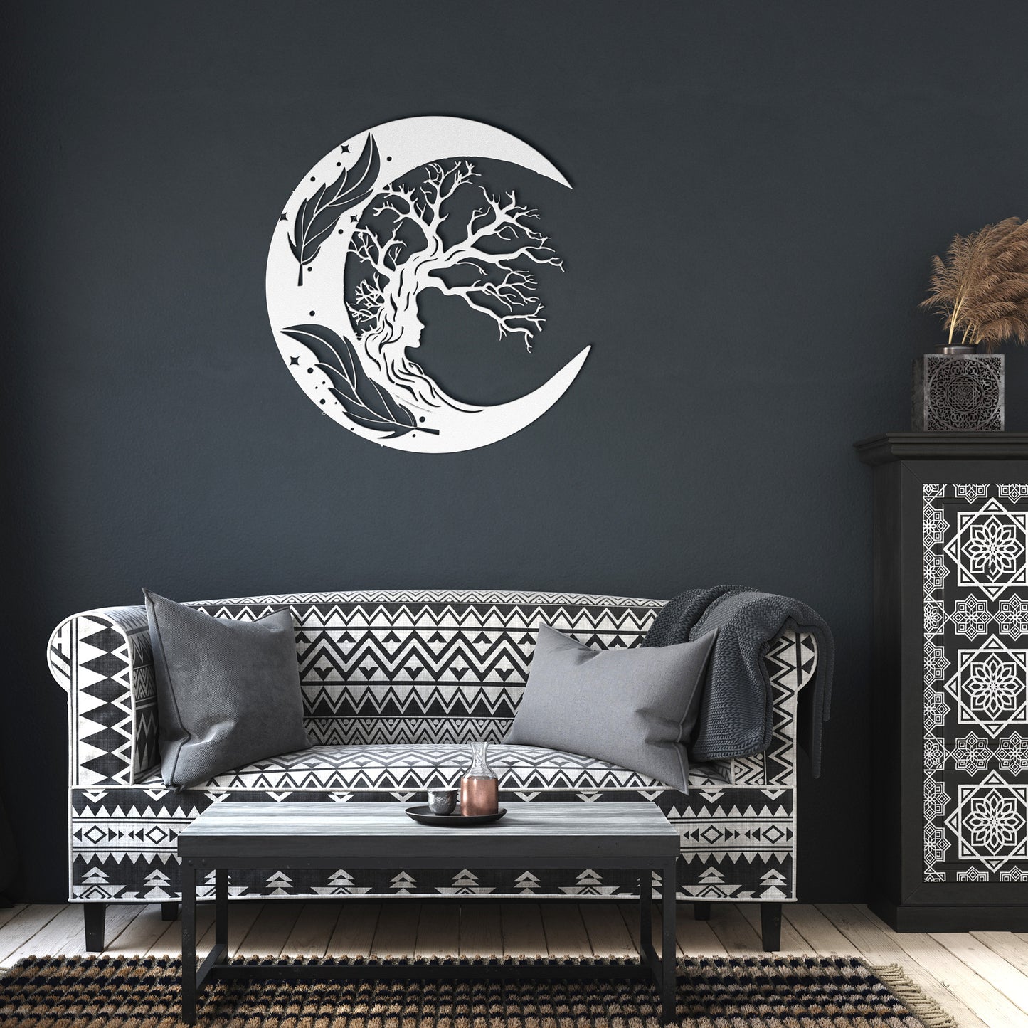 Moon, Tree & Girl Metal Wall Art, Moon Witch Art, Woman And Moon Art, Celestial Art, Home Decor