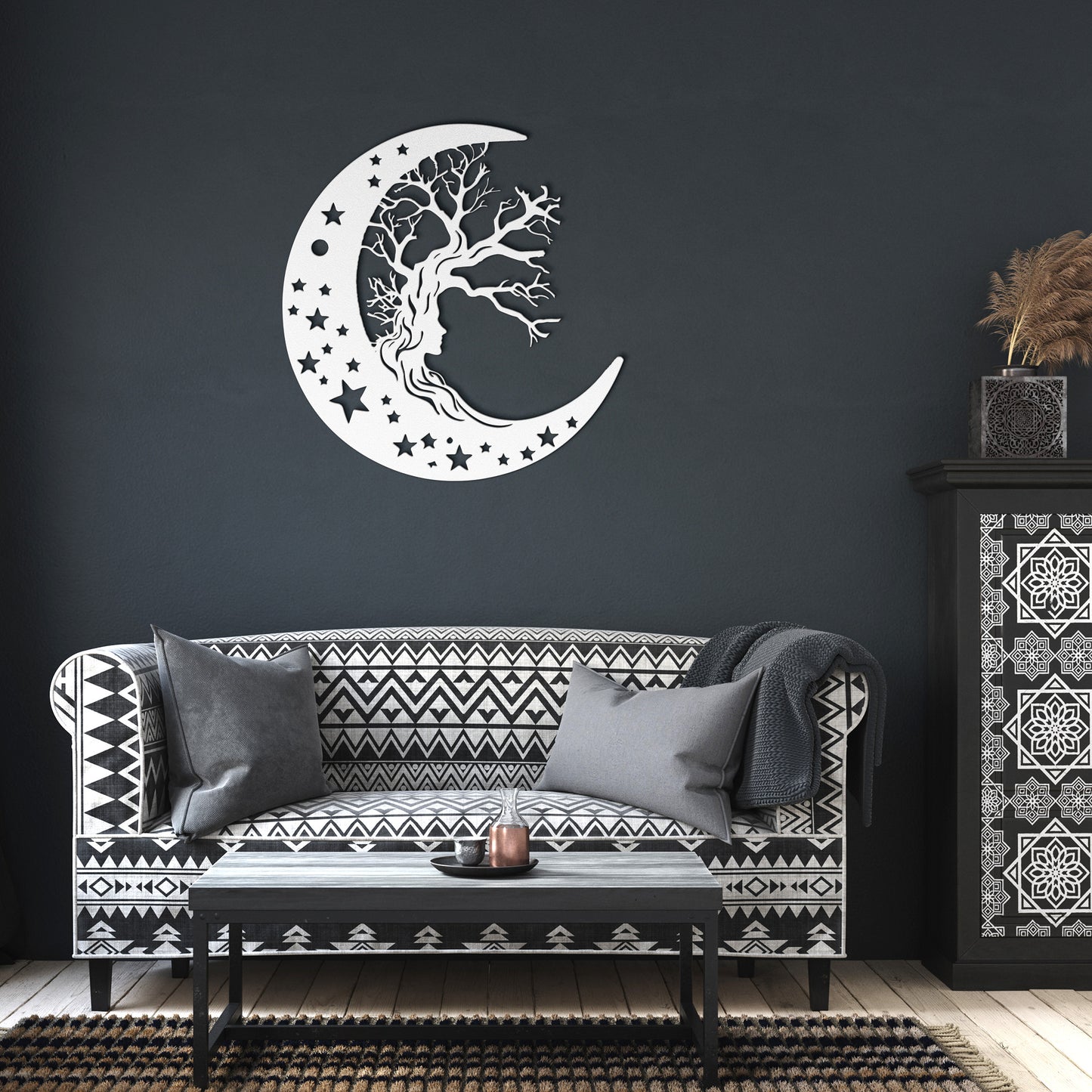 Moon, Tree & Girl Metal Wall Art, Moon Witch Art, Woman And Moon Art, Celestial Art, Home Decor