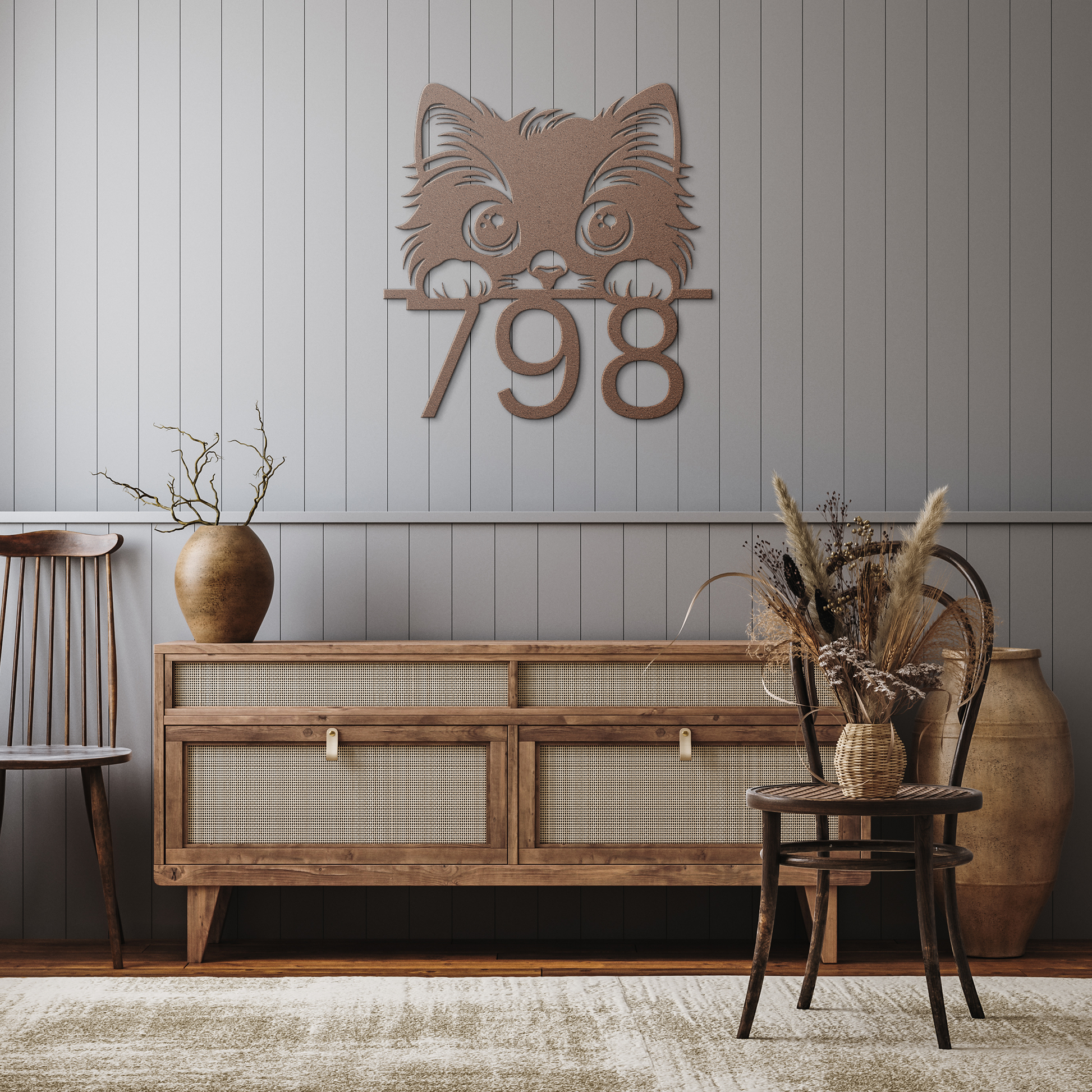 Peeking_Cat_Front_Door_Address_Metal_Sig_Copper_Rustic_Hallway_Mockup.png