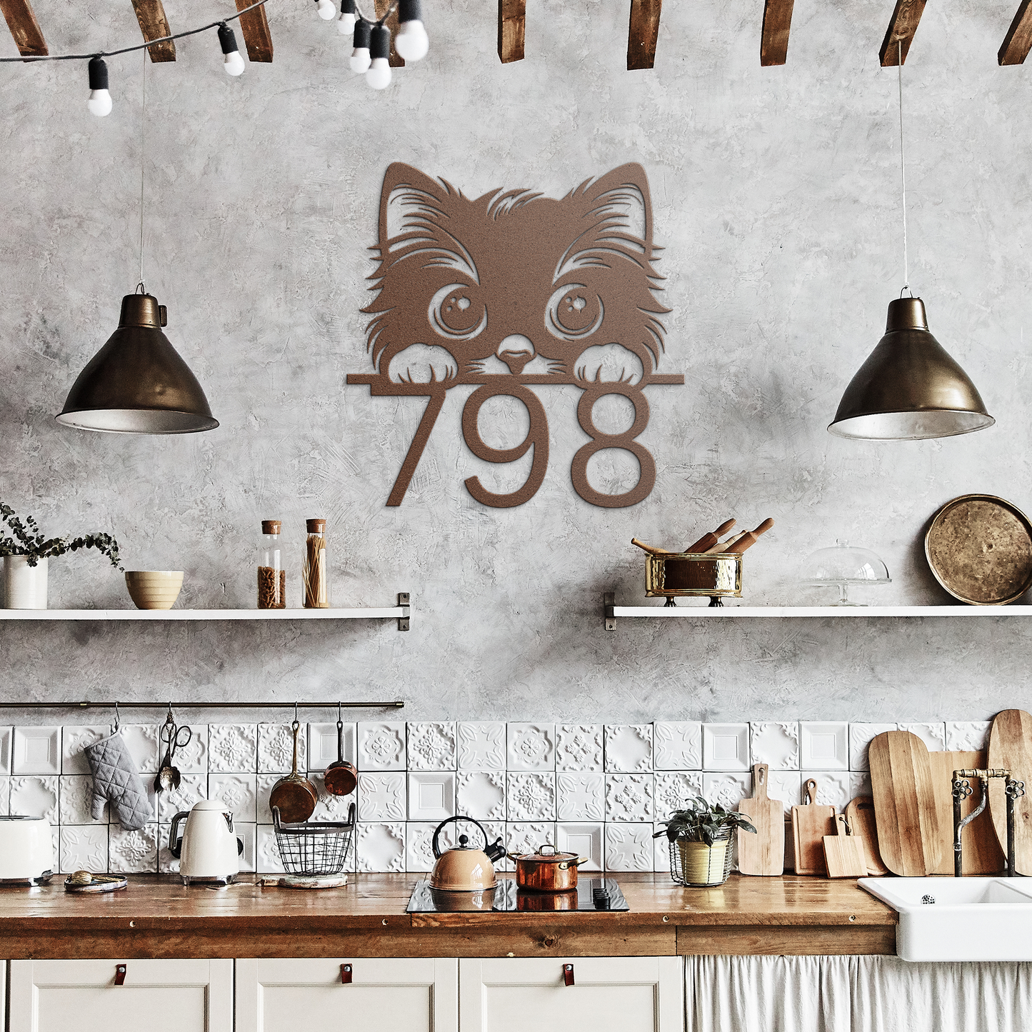 Peeking_Cat_Front_Door_Address_Metal_Sig_Copper_Rustic_Kitchen_Mockup.png