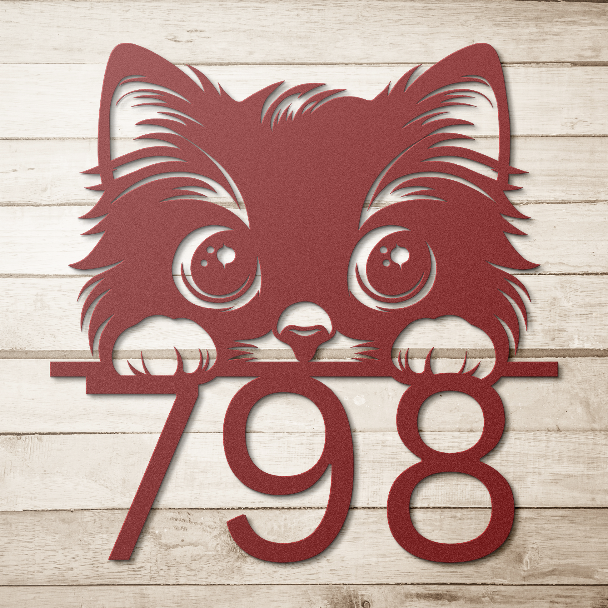 Peeking_Cat_Front_Door_Address_Metal_Sig_Red_Simple_Wood_BKGD_Mockup.png