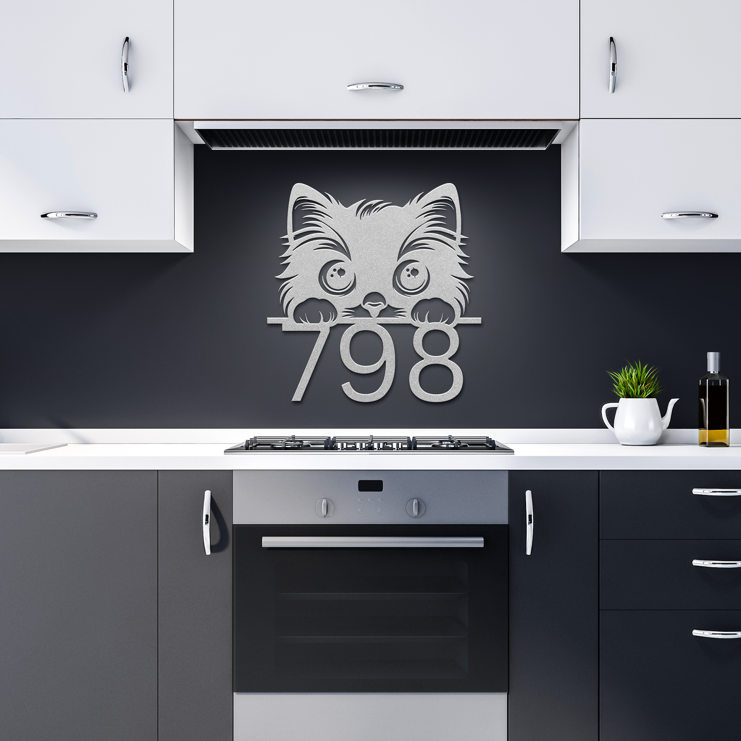 Peeking_Cat_Front_Door_Address_Metal_Sig_Silver_Dark_Kitchen_Mockup.png